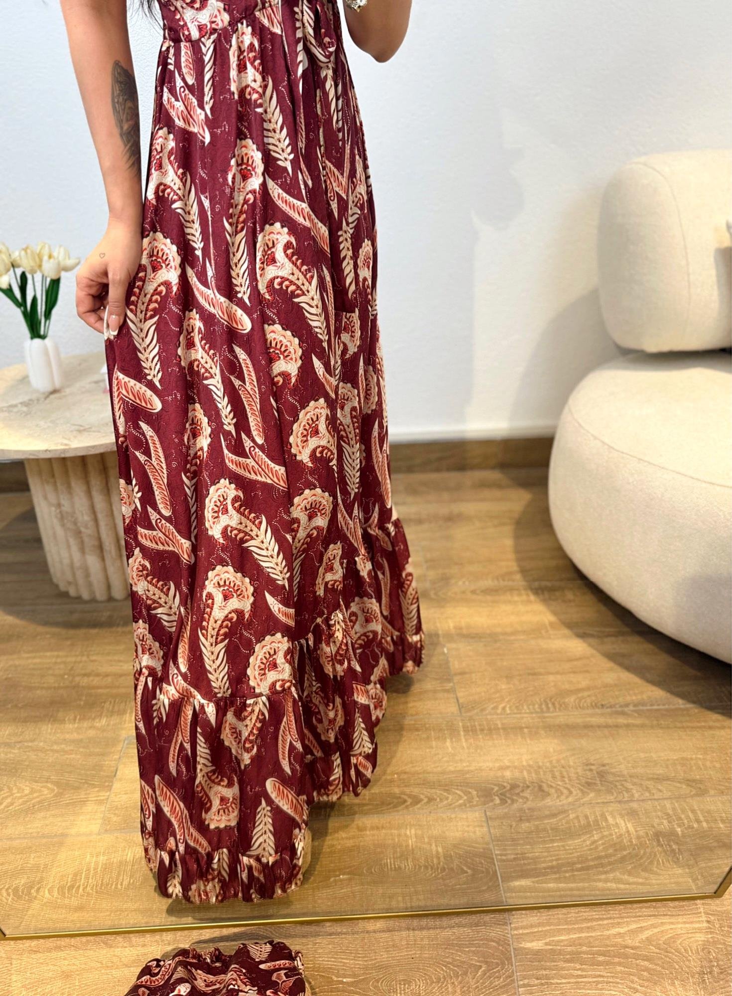 İpek Saten Bordo Desenli Maxi Elbise