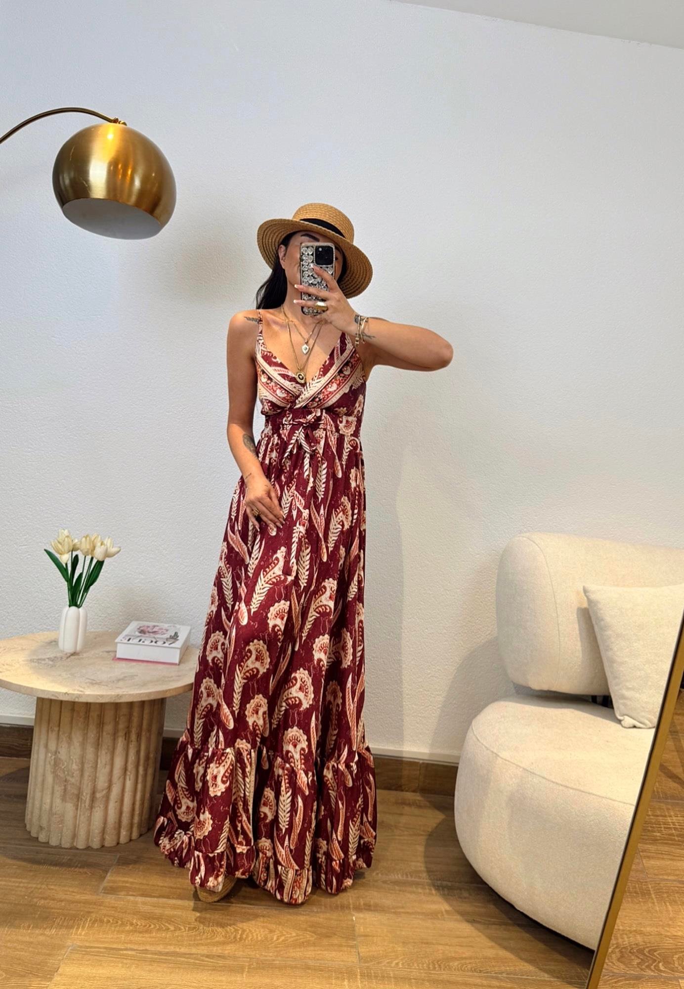 İpek Saten Bordo Desenli Maxi Elbise