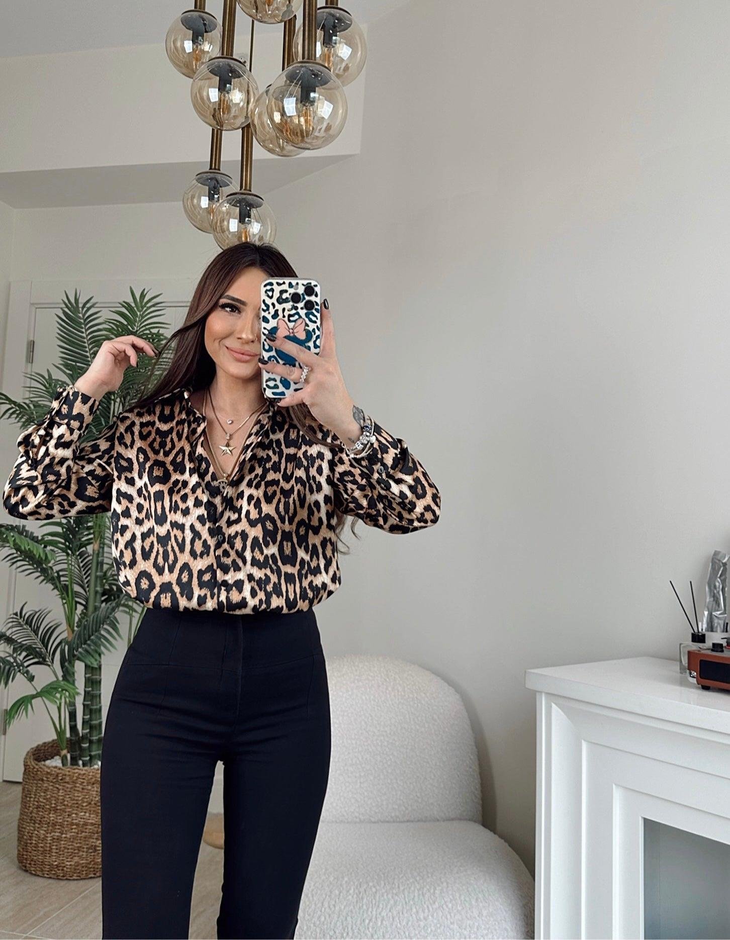 İpek Saten Leopar Desen Gömlek