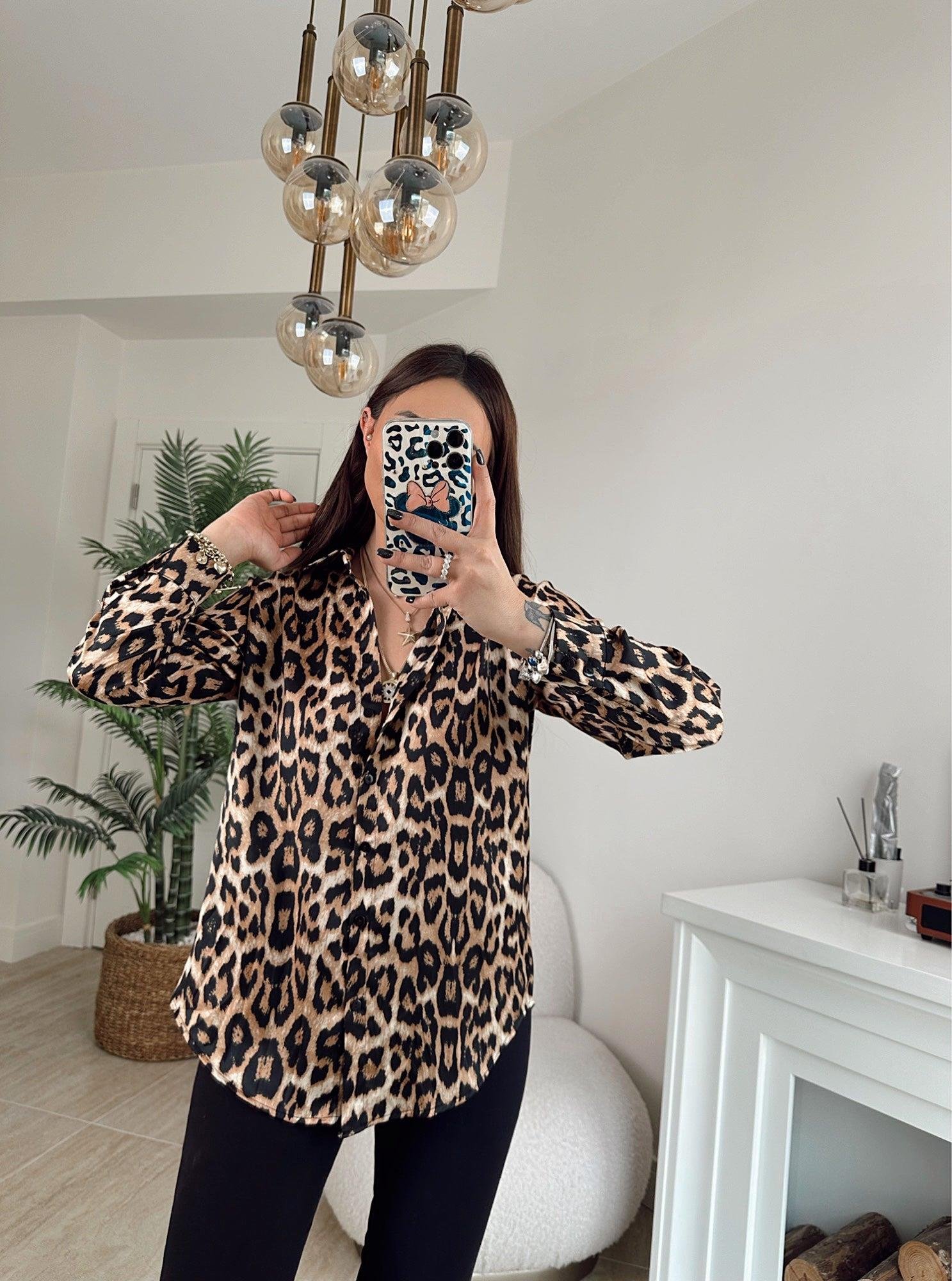 İpek Saten Leopar Desen Gömlek