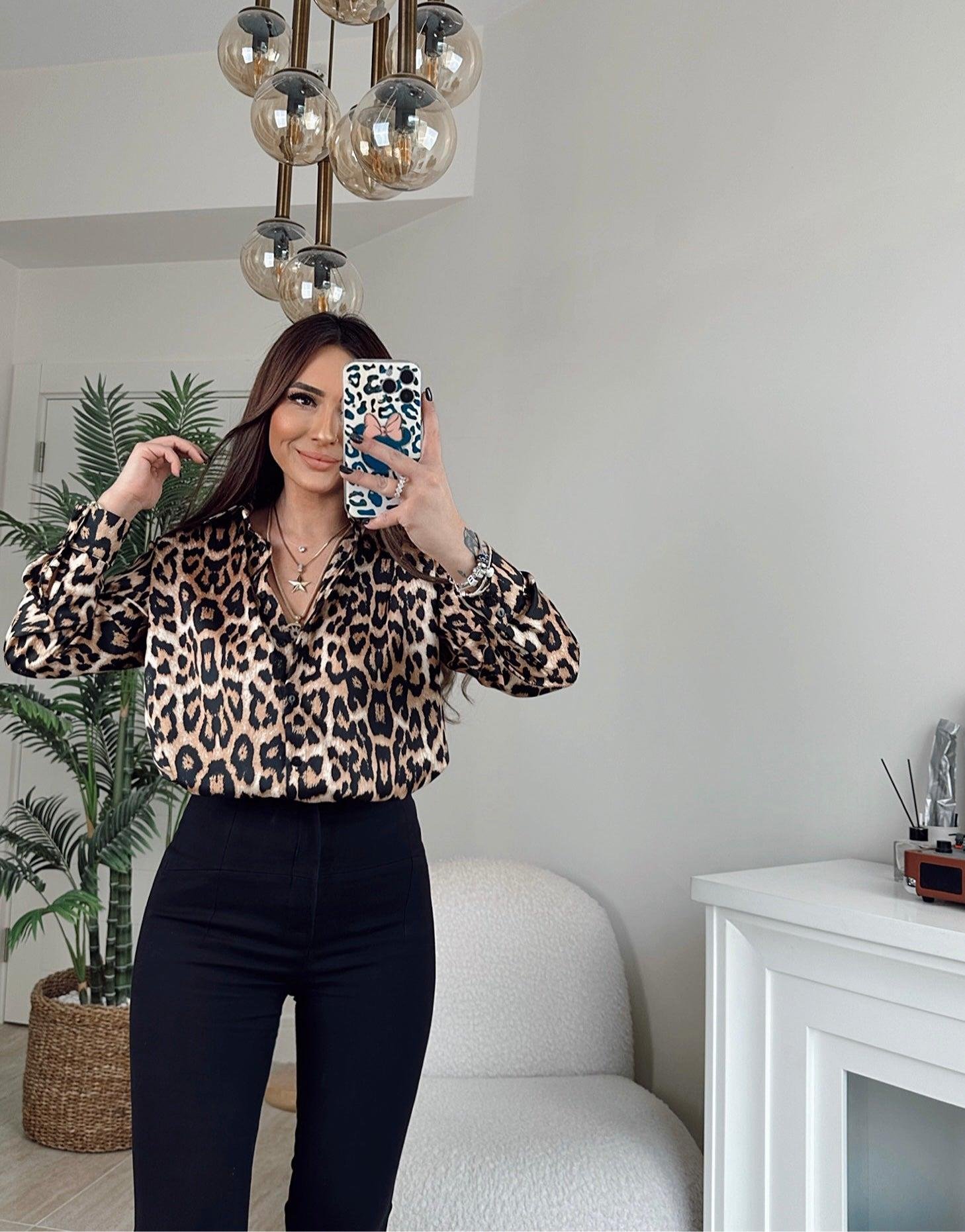 İpek Saten Leopar Desen Gömlek