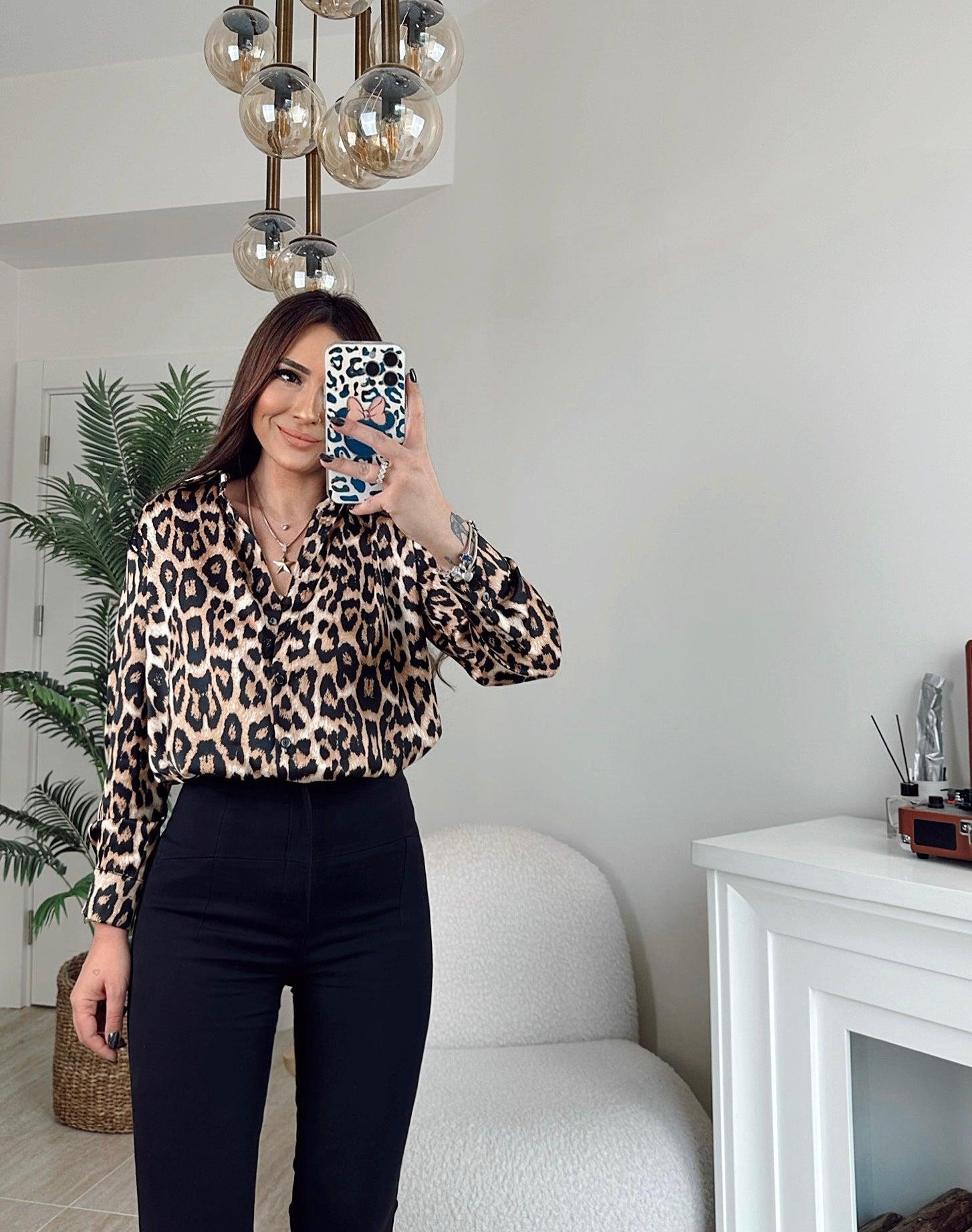 İpek Saten Leopar Desen Gömlek