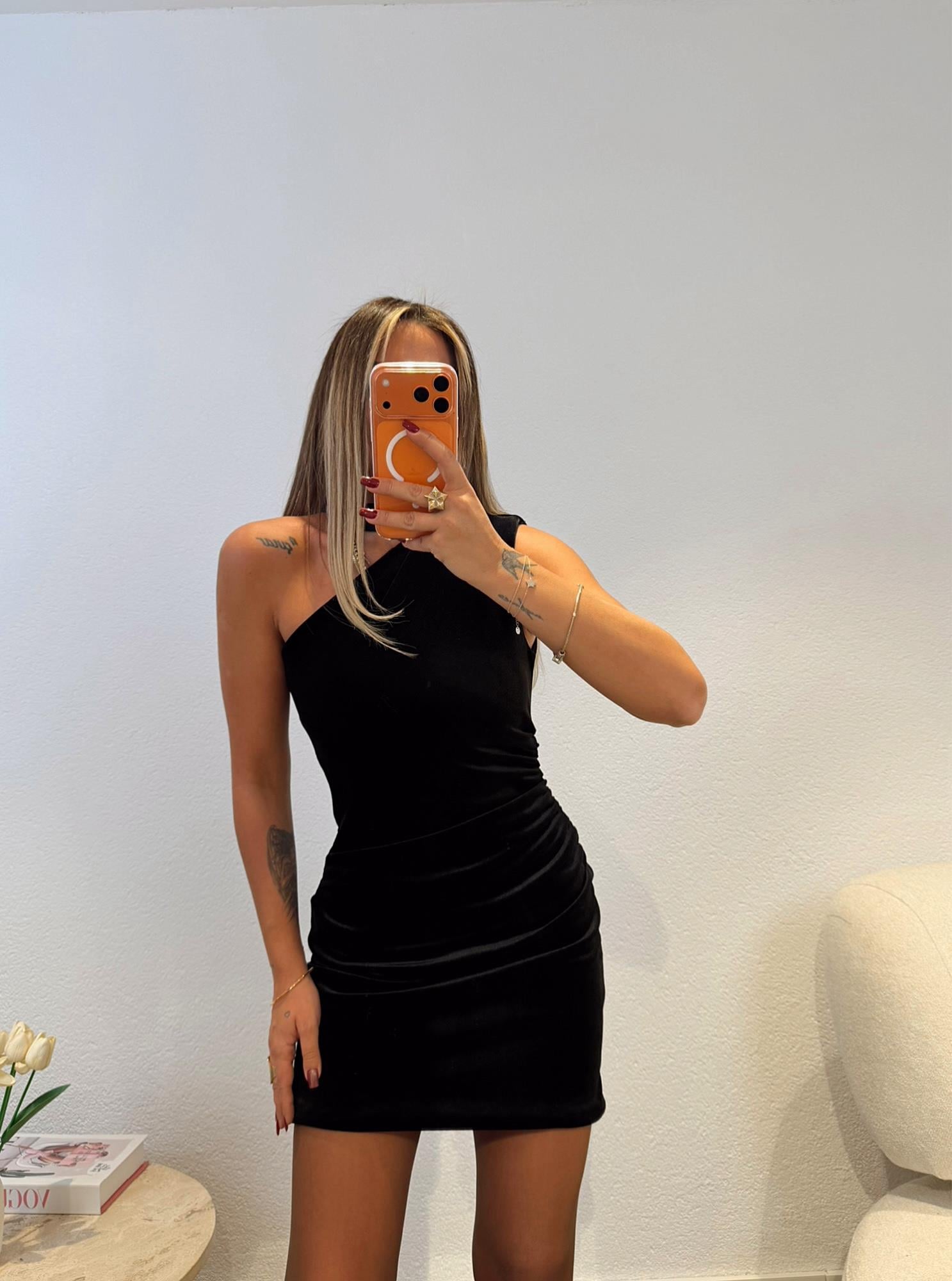 Kadife Vatkalı Mini Siyah Elbise