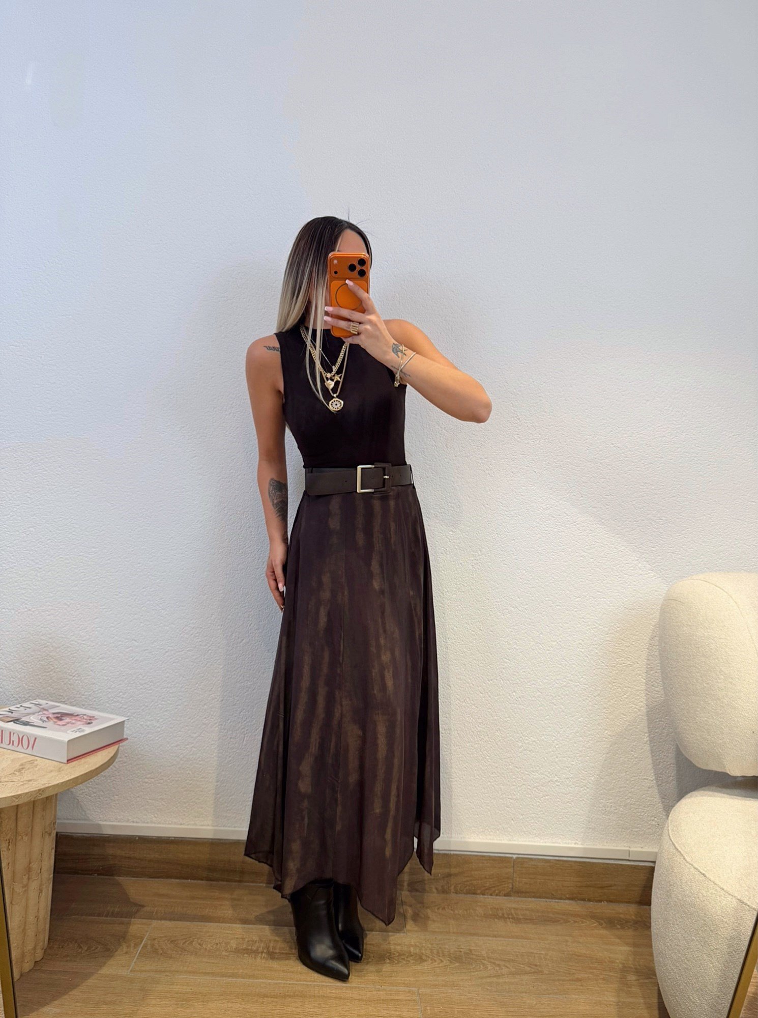 Kahve Kemerli Varaklı Asimetrik Etek
