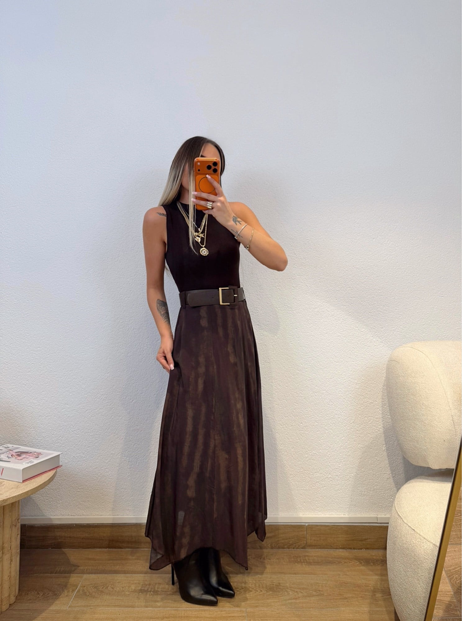 Kahve Kemerli Varaklı Asimetrik Etek