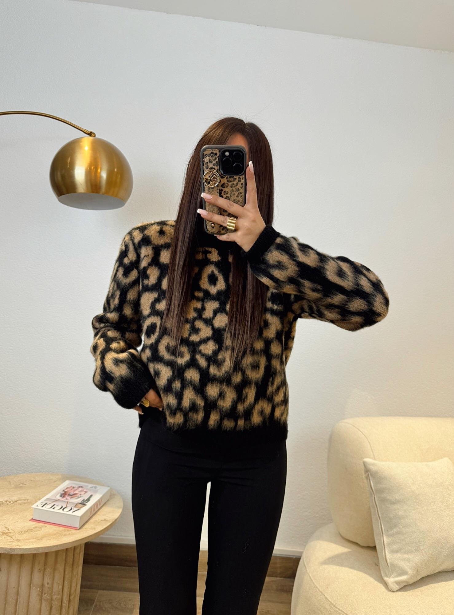 Kahve Leopar Desen Yumoş Kazak