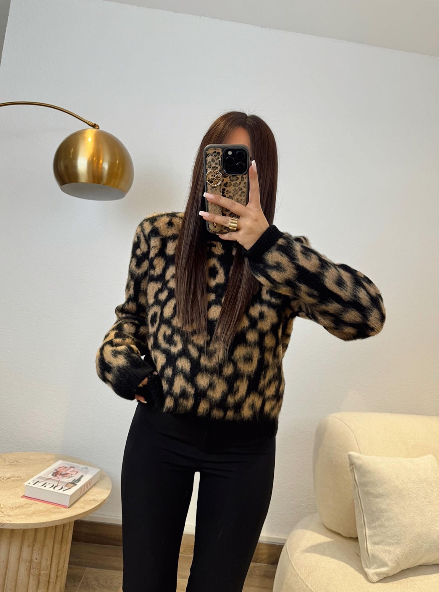 Kahve Leopar Desen Yumoş Kazak