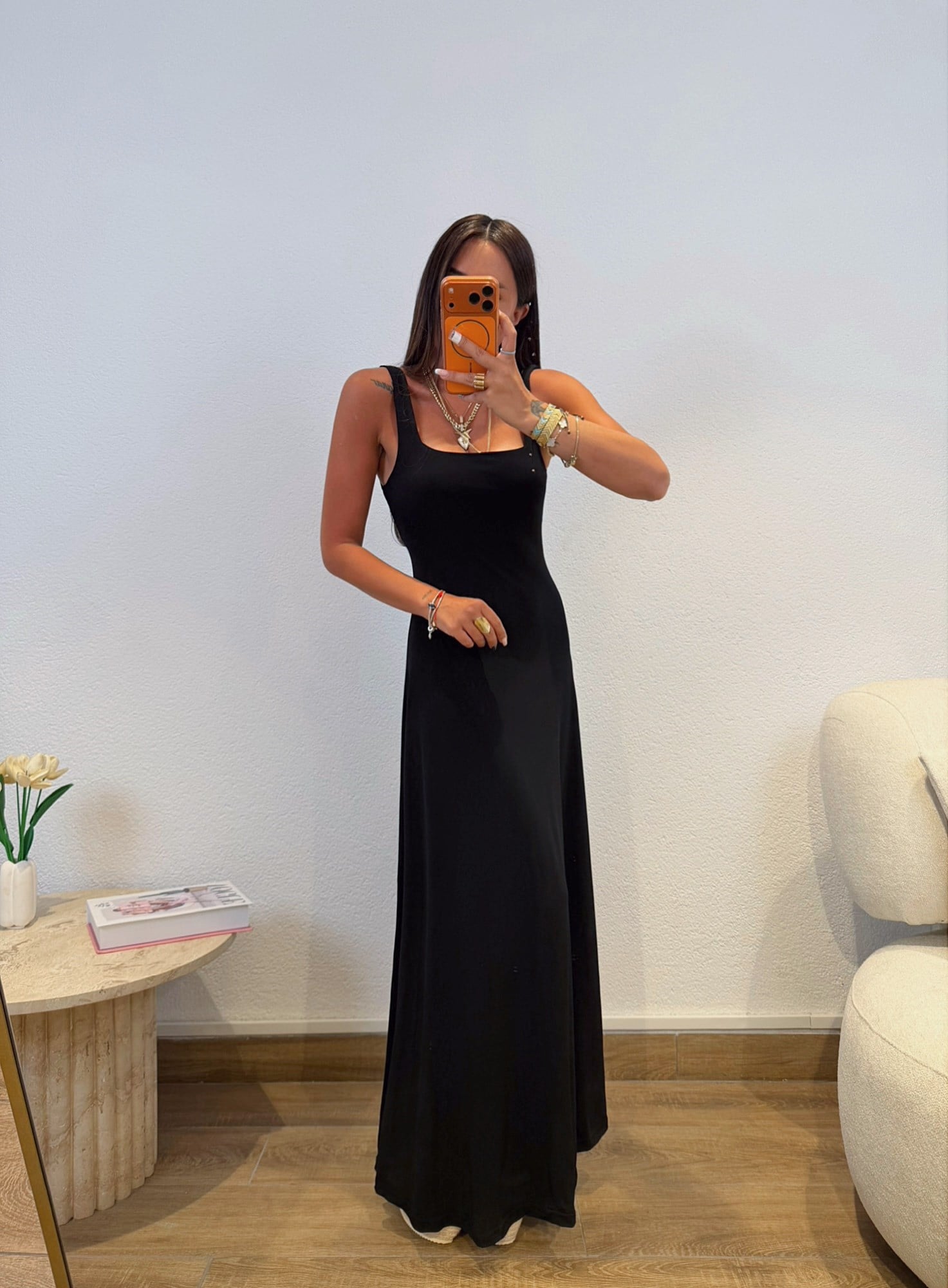 Kalın Askılı Sırt Dekolteli Midi Boy Elbise