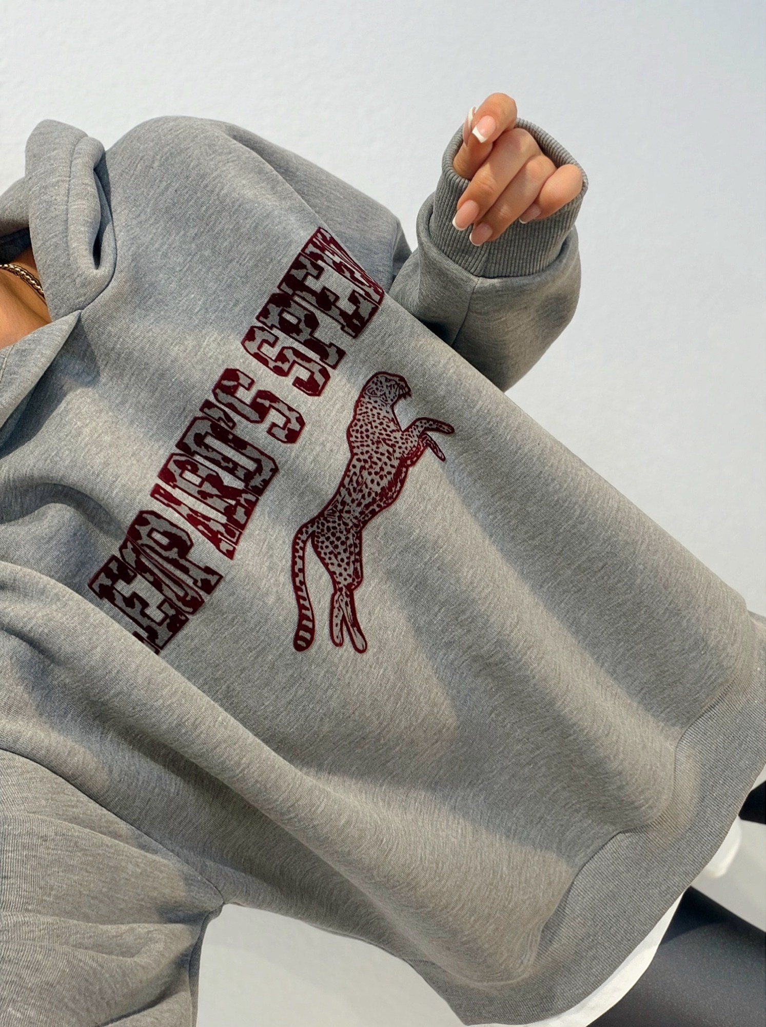 Kapişonlu Basic Detay Leopar Baskı Sweatshirt 