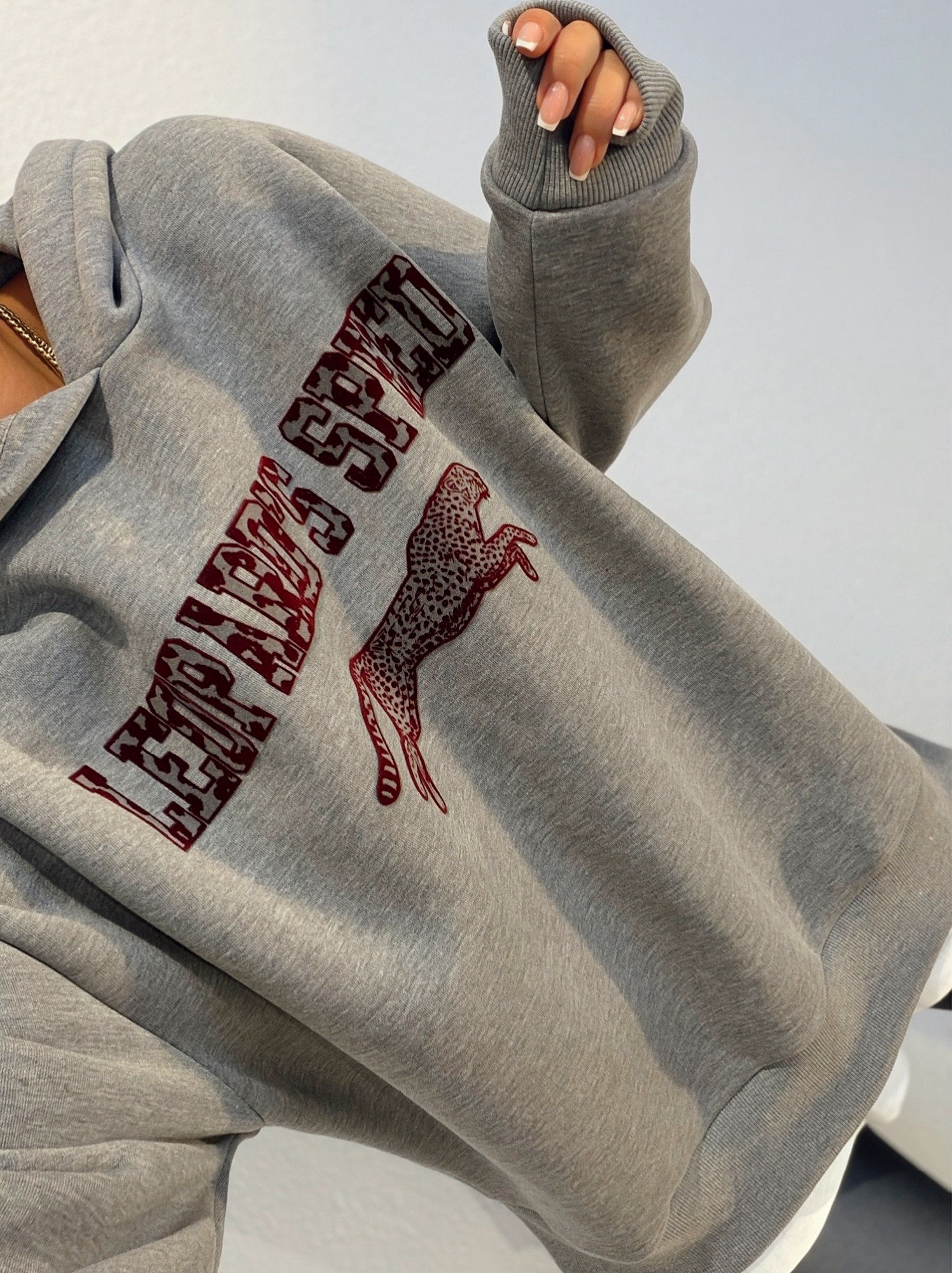 Kapişonlu Basic Detay Leopar Baskı Sweatshirt 