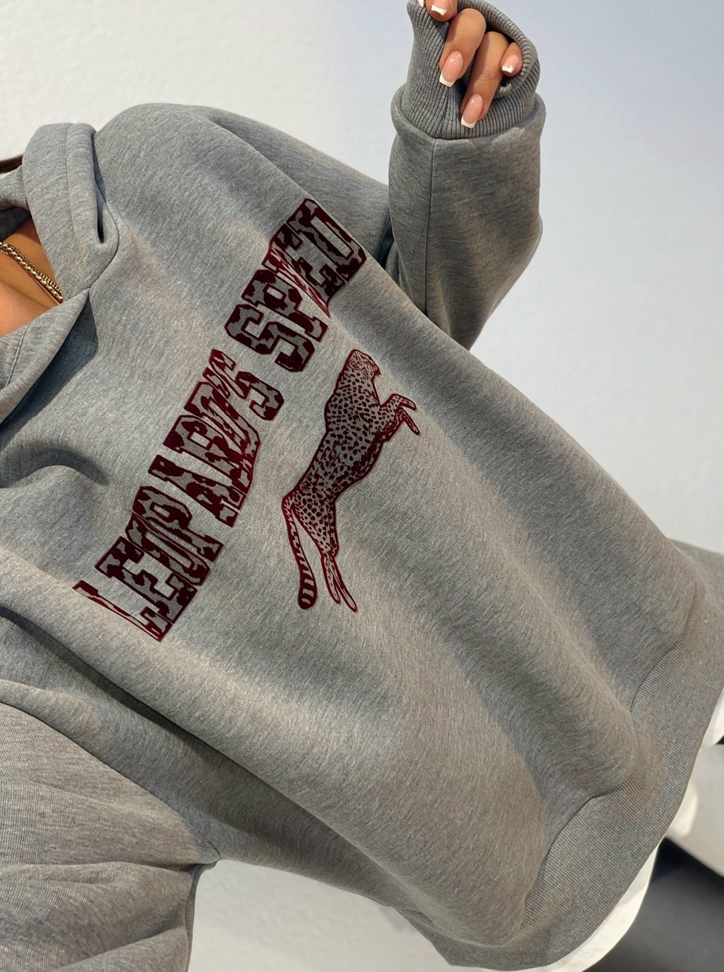 Kapişonlu Basic Detay Leopar Baskı Sweatshirt 