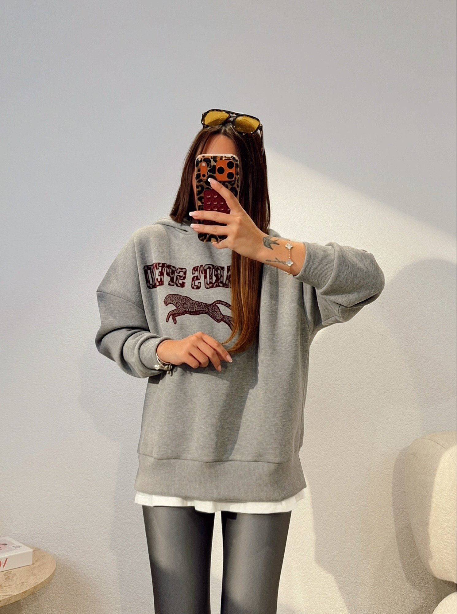 Kapişonlu Basic Detay Leopar Baskı Sweatshirt 
