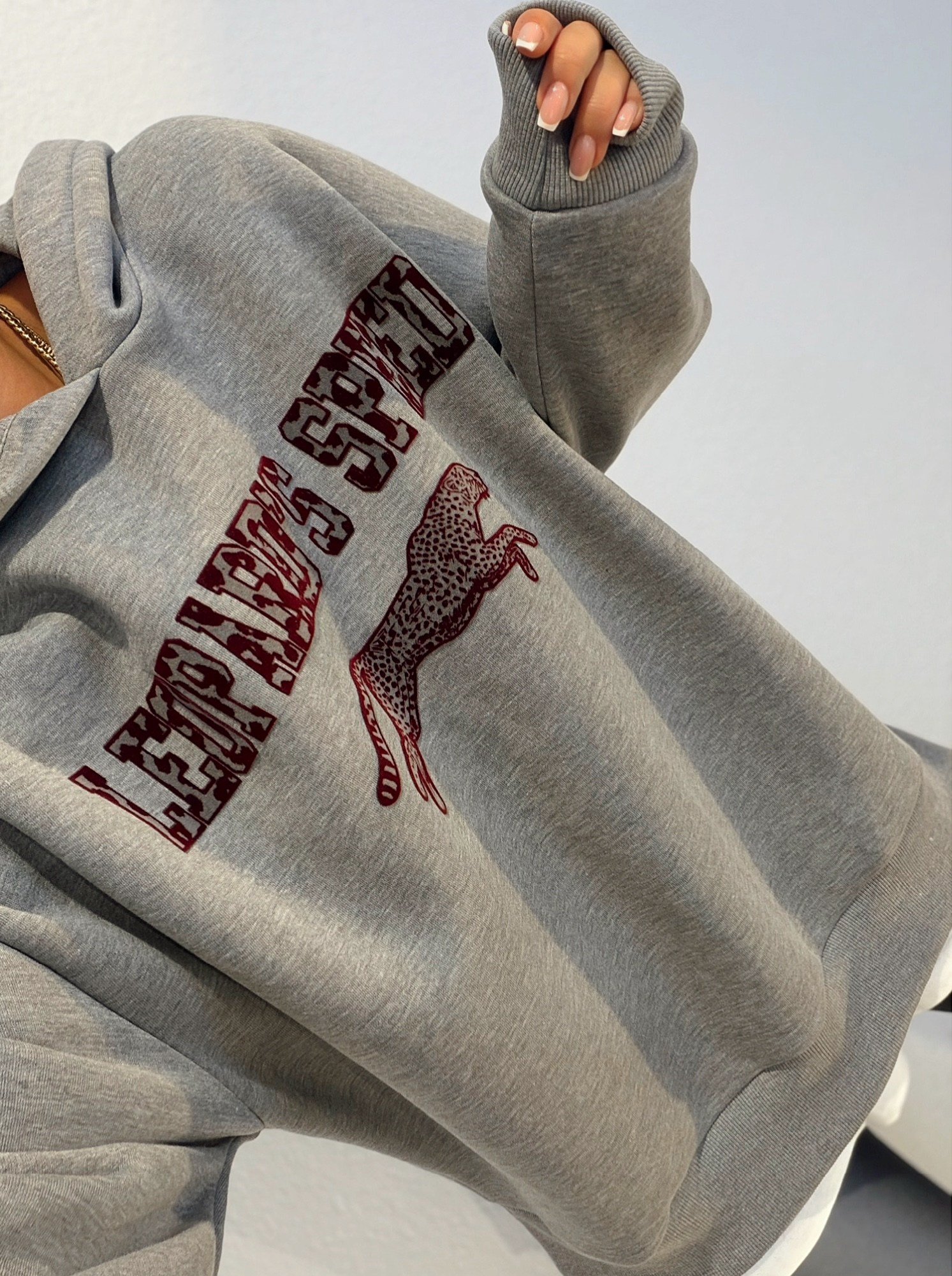 Kapişonlu Basic Detay Leopar Baskı Sweatshirt 