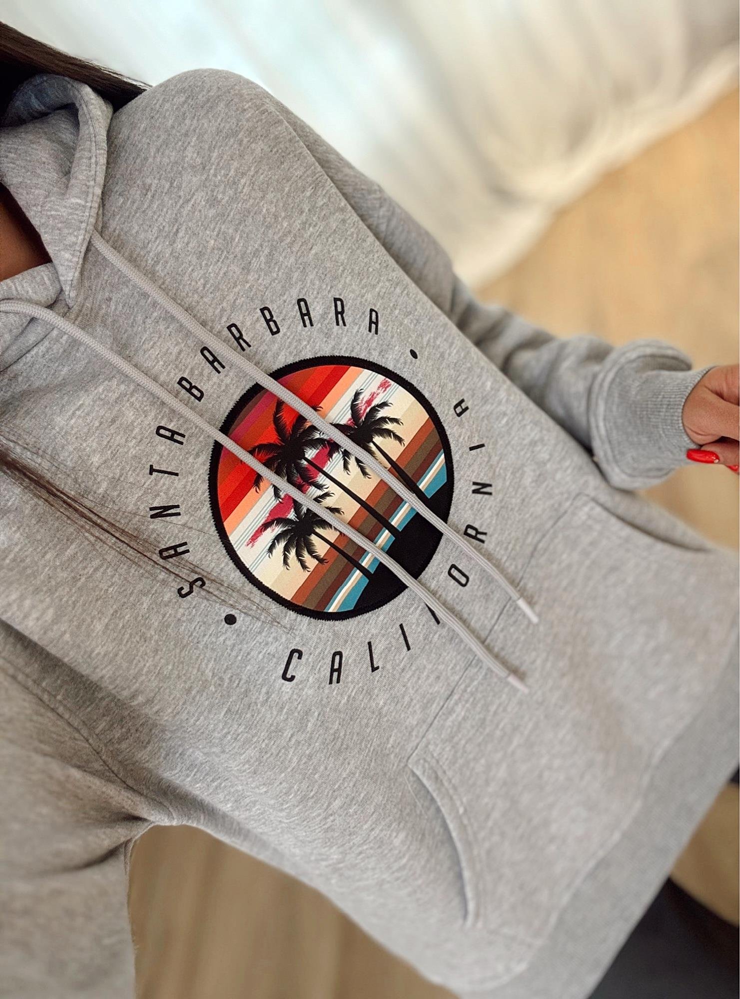 Kapişonlu Californıa Baskı Gri Sweatshirt