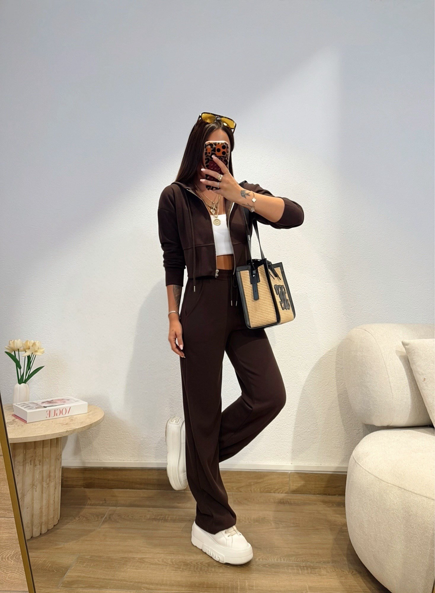 Kapişonlu Crop&Pantolon Kahve Takım