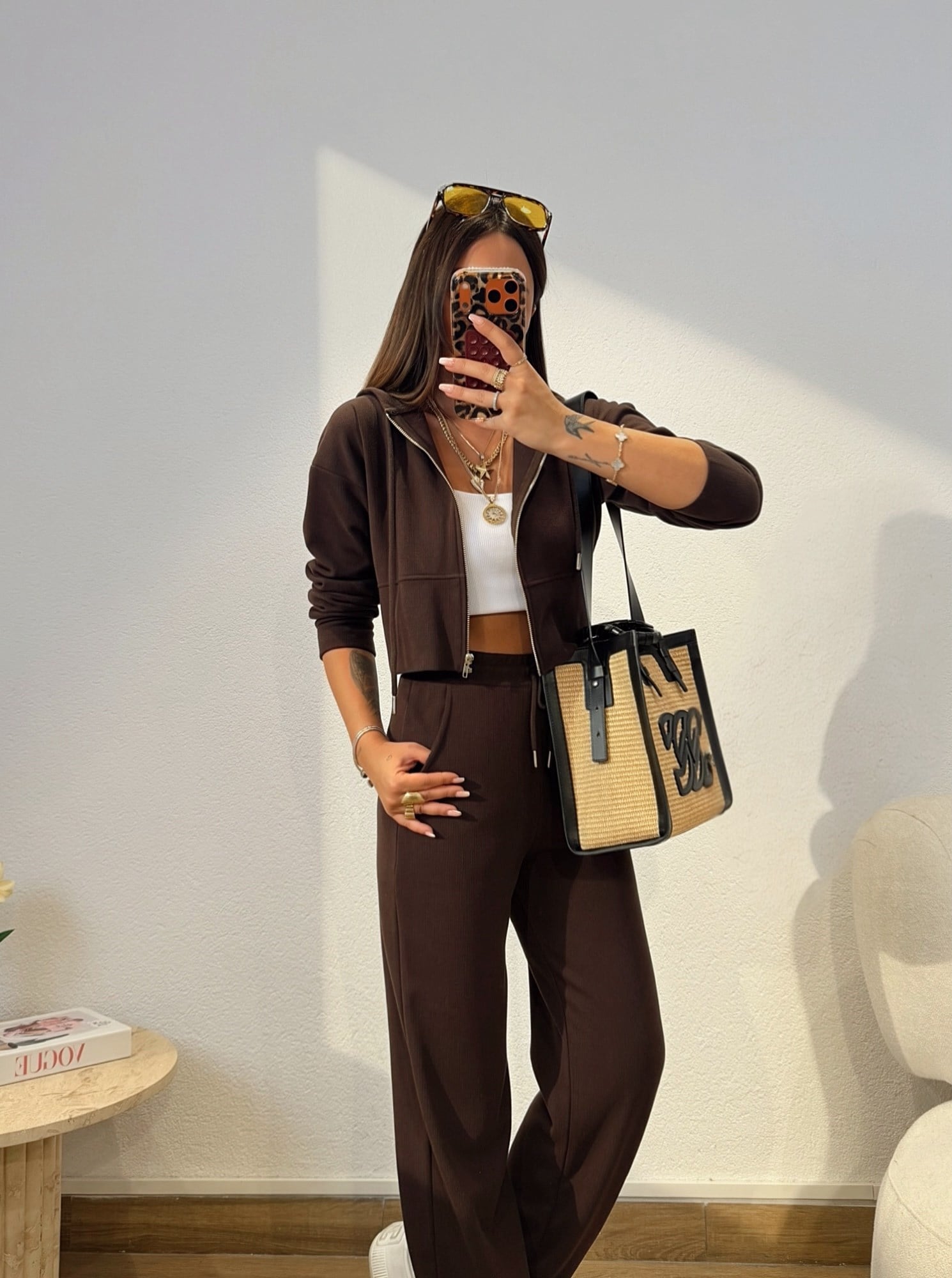 Kapişonlu Crop&Pantolon Kahve Takım