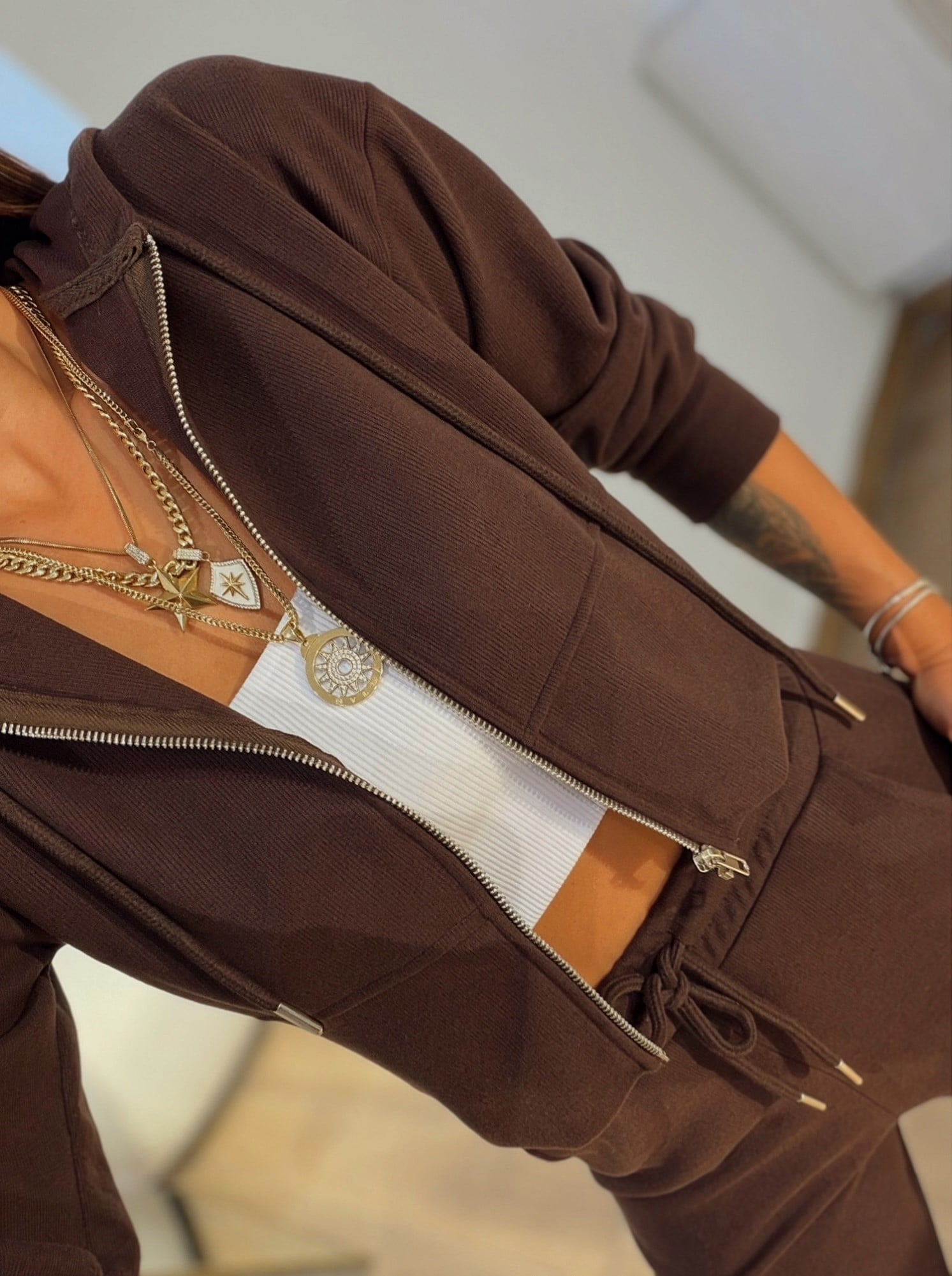 Kapişonlu Crop&Pantolon Kahve Takım