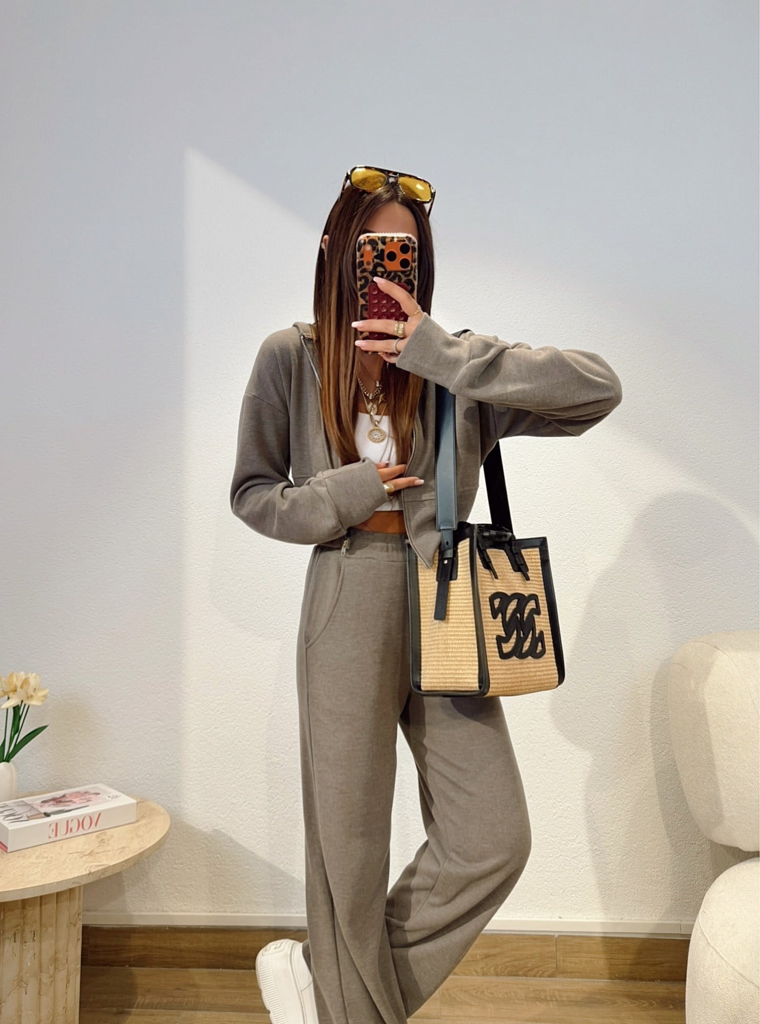 Kapişonlu Crop&Pantolon Vizon Takım