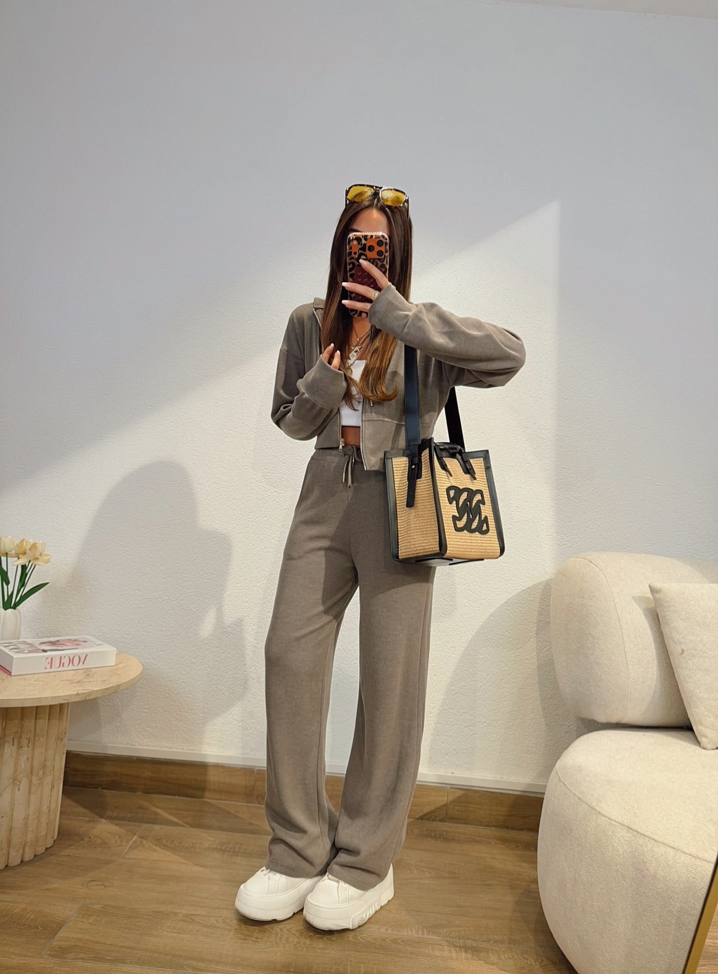 Kapişonlu Crop&Pantolon Vizon Takım