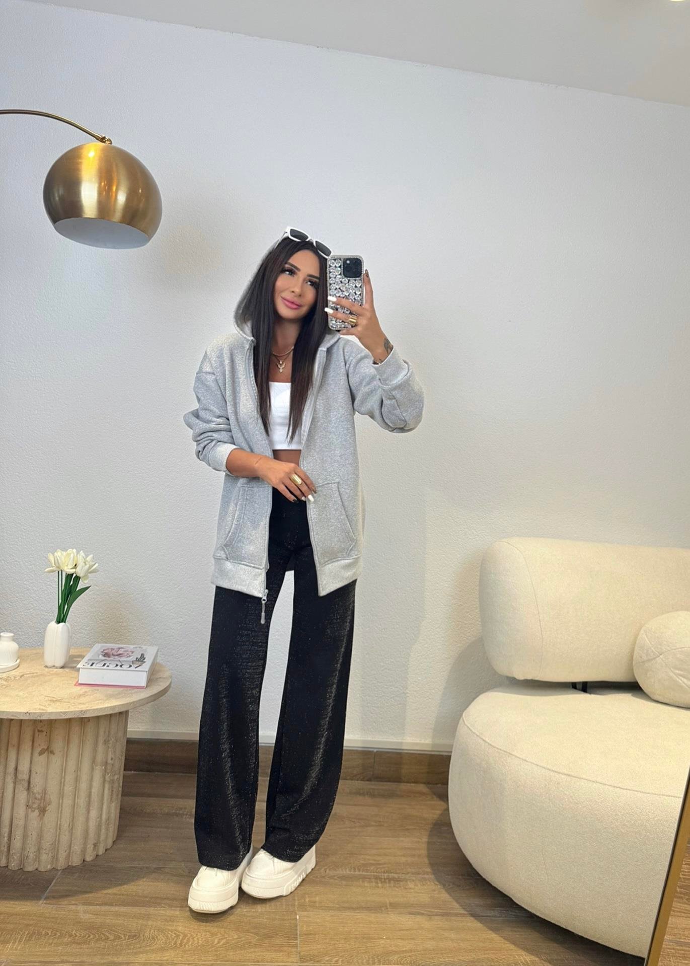 Kapişonlu Gri Sweat Hırka