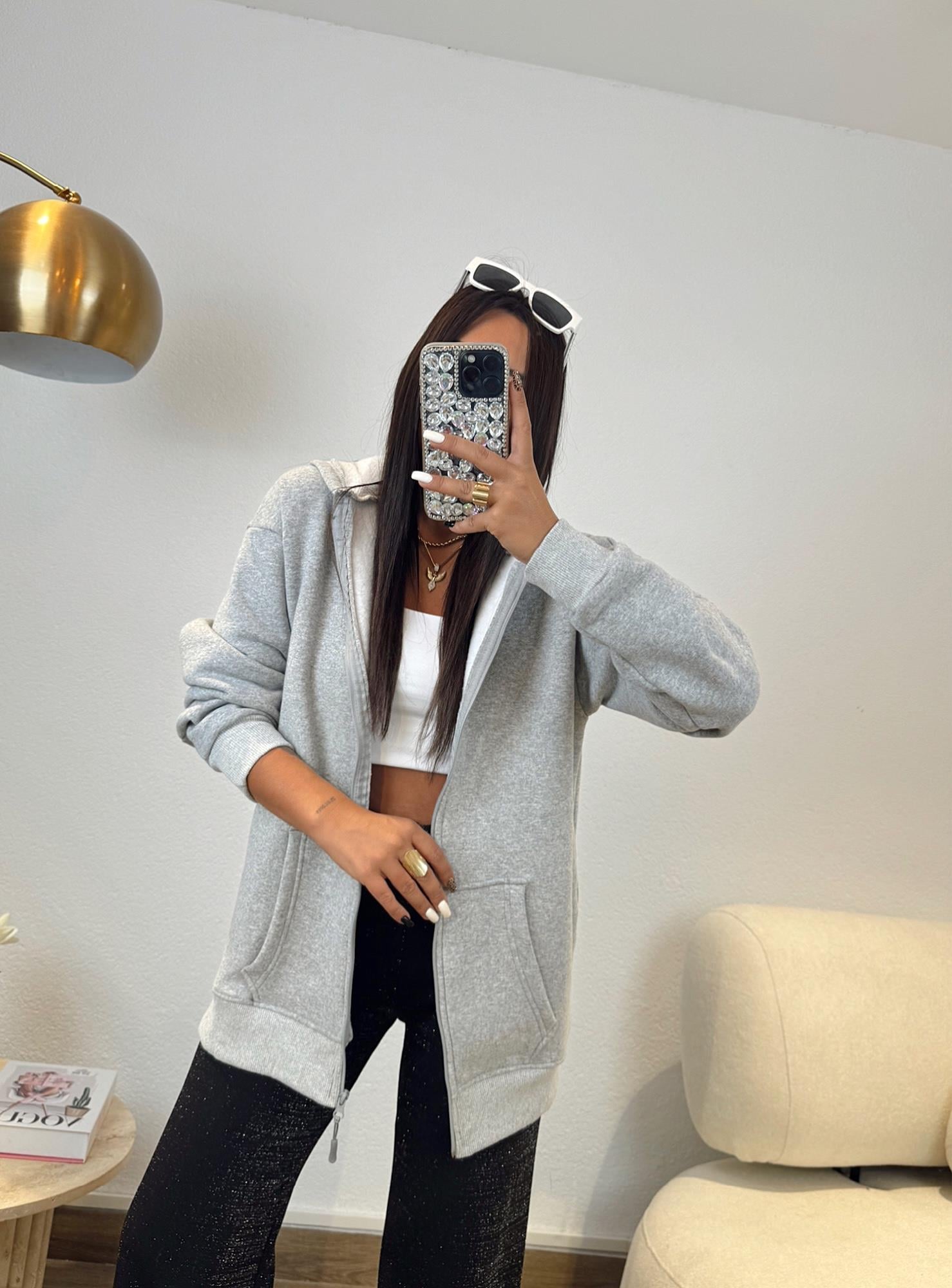 Kapişonlu Gri Sweat Hırka