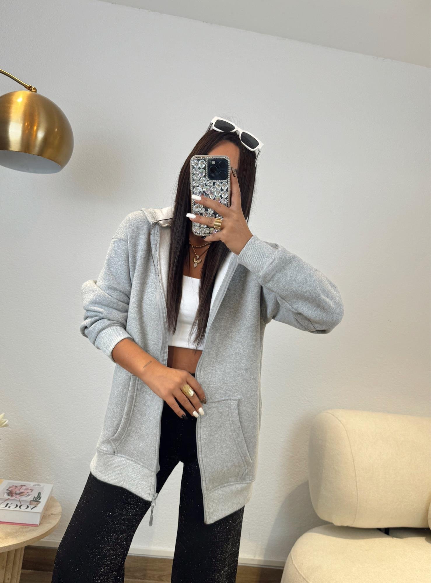 Kapişonlu Gri Sweat Hırka