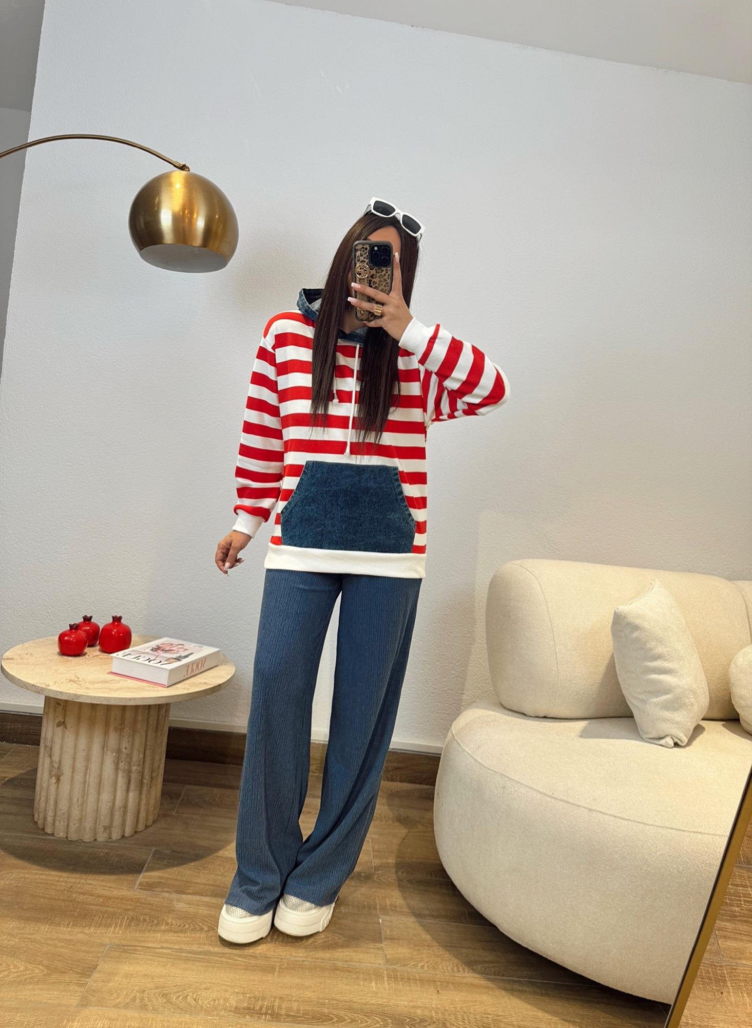 Kapişonlu Jean Detay Kırmızı Çizgili Sweatshirt