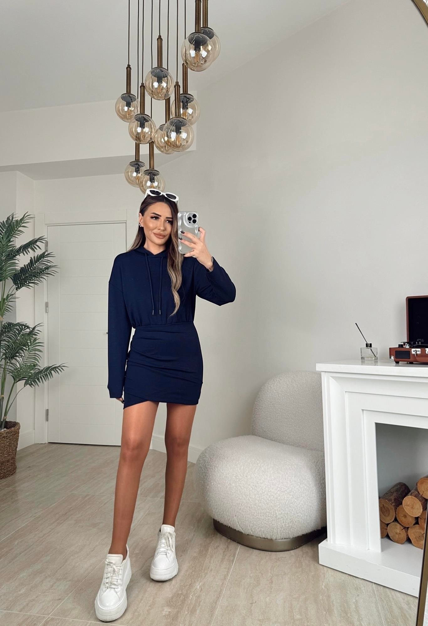 Kapişonlu Mini Laci Sweat Elbise