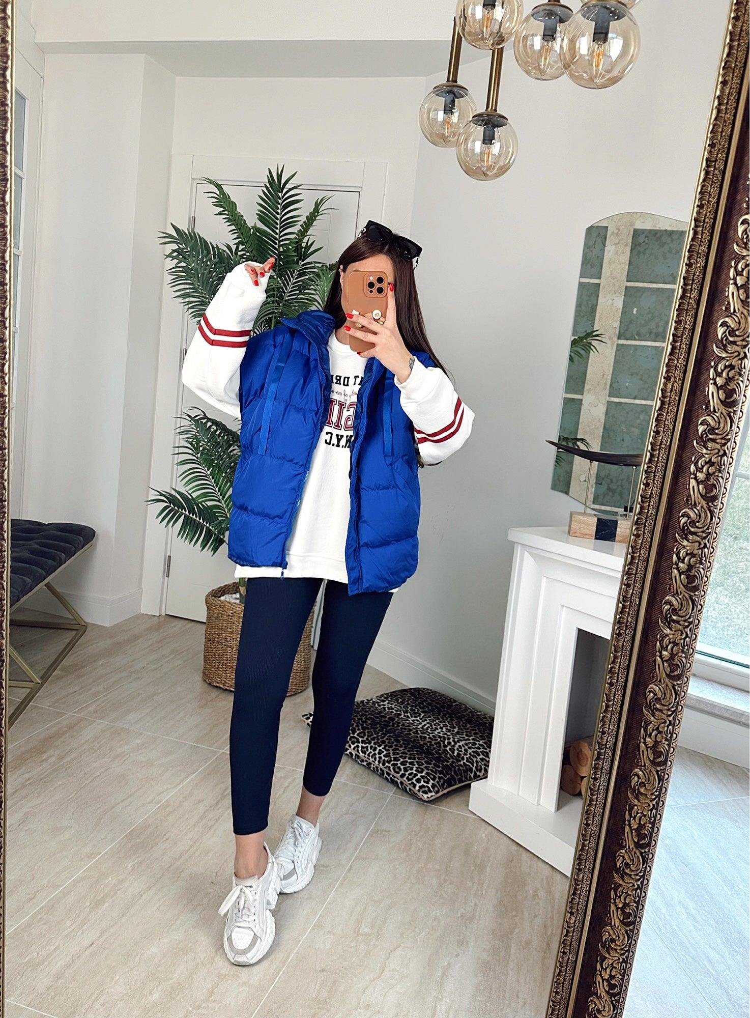 Kapişonlu Oversize Saks Mavi Şişme Yelek