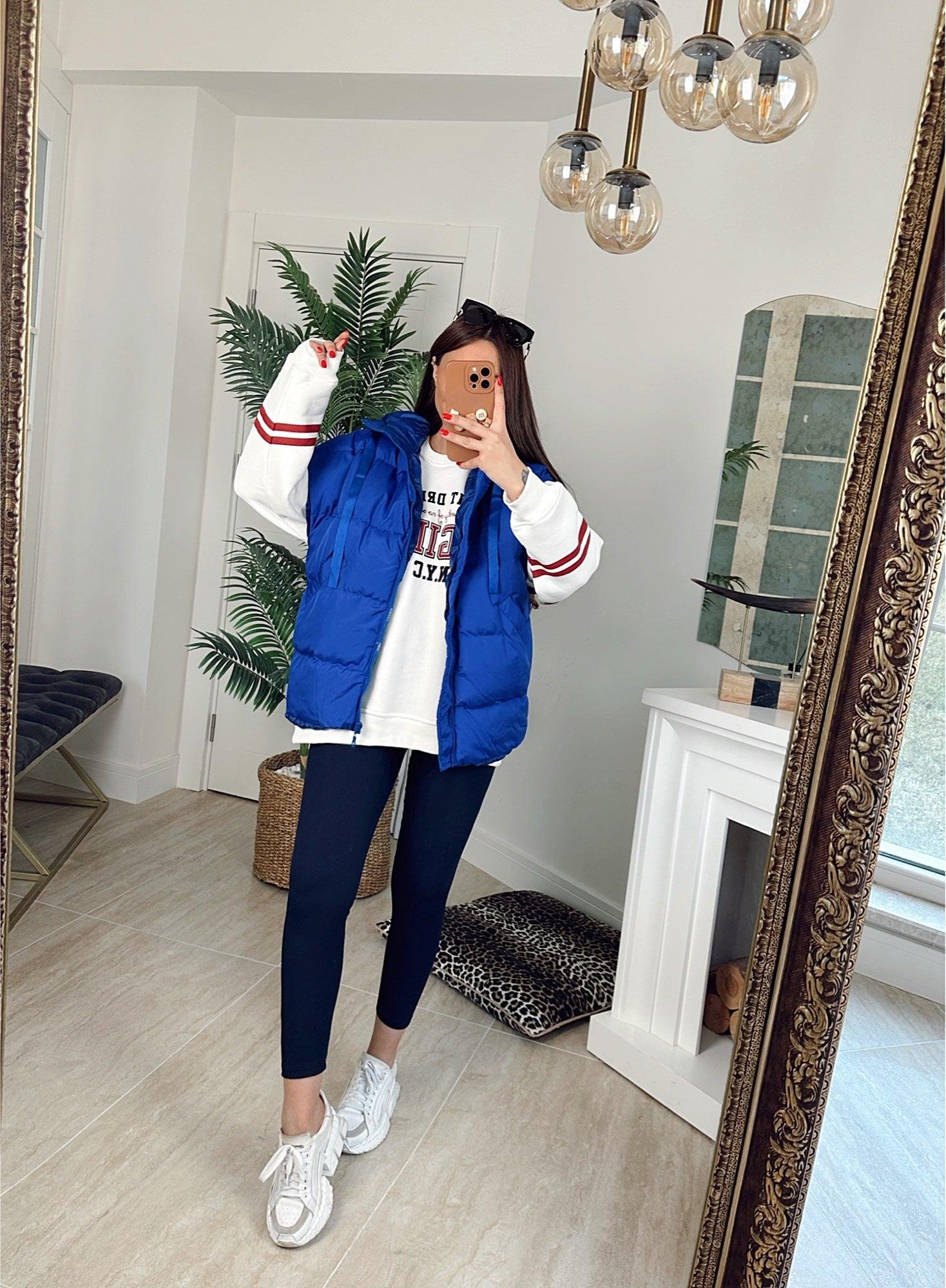 Kapişonlu Oversize Saks Mavi Şişme Yelek