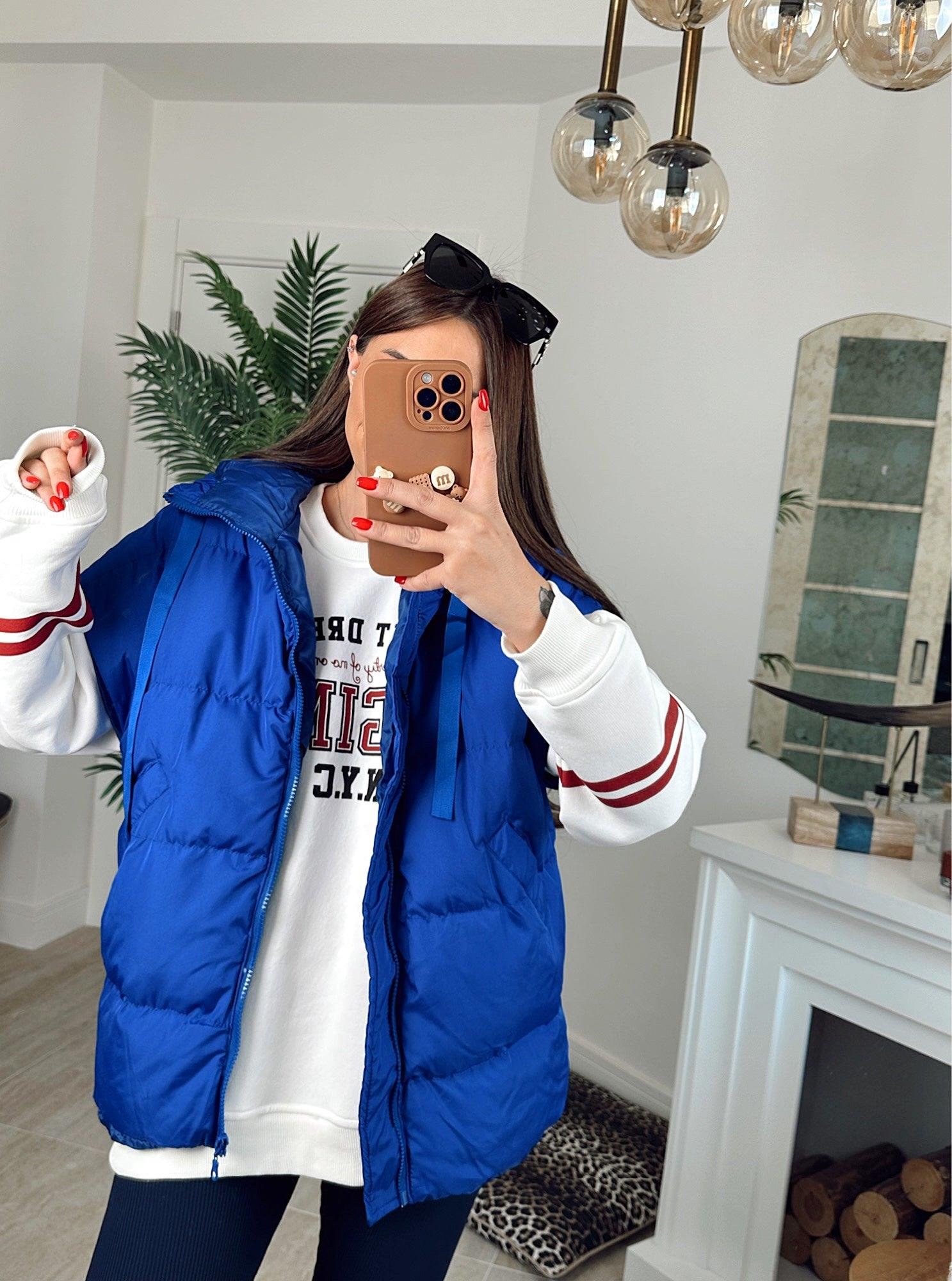 Kapişonlu Oversize Saks Mavi Şişme Yelek
