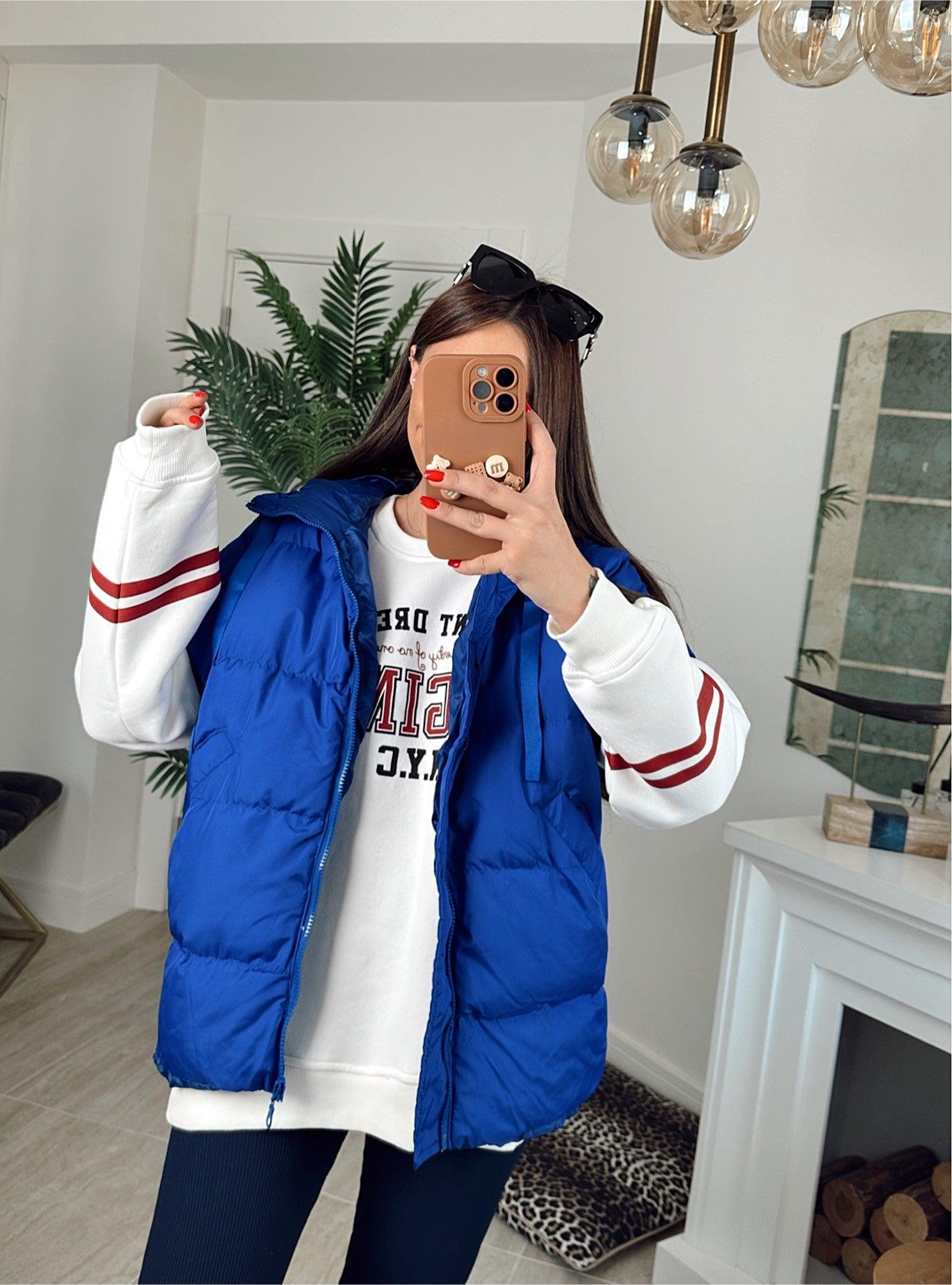 Kapişonlu Oversize Saks Mavi Şişme Yelek