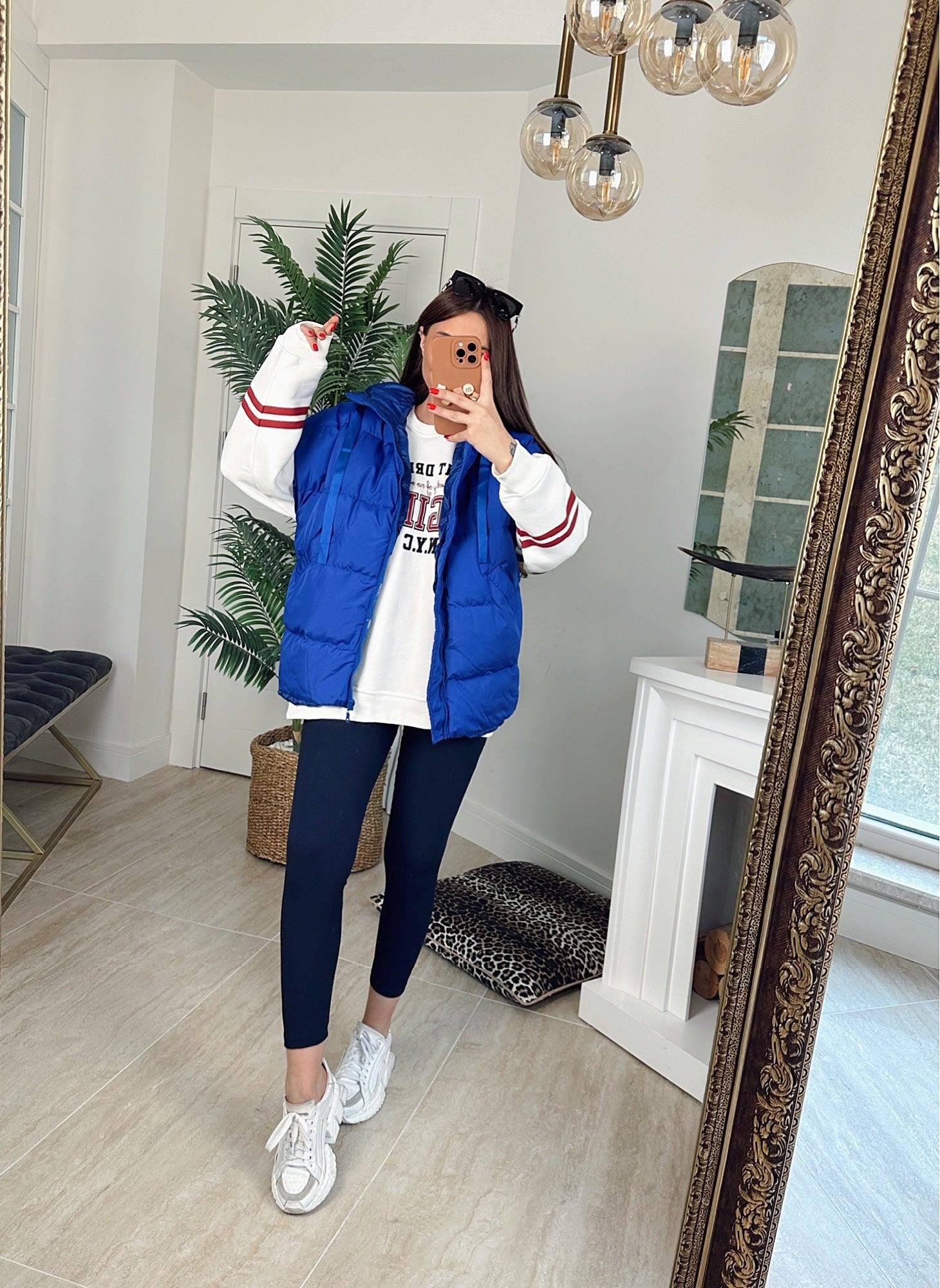Kapişonlu Oversize Saks Mavi Şişme Yelek