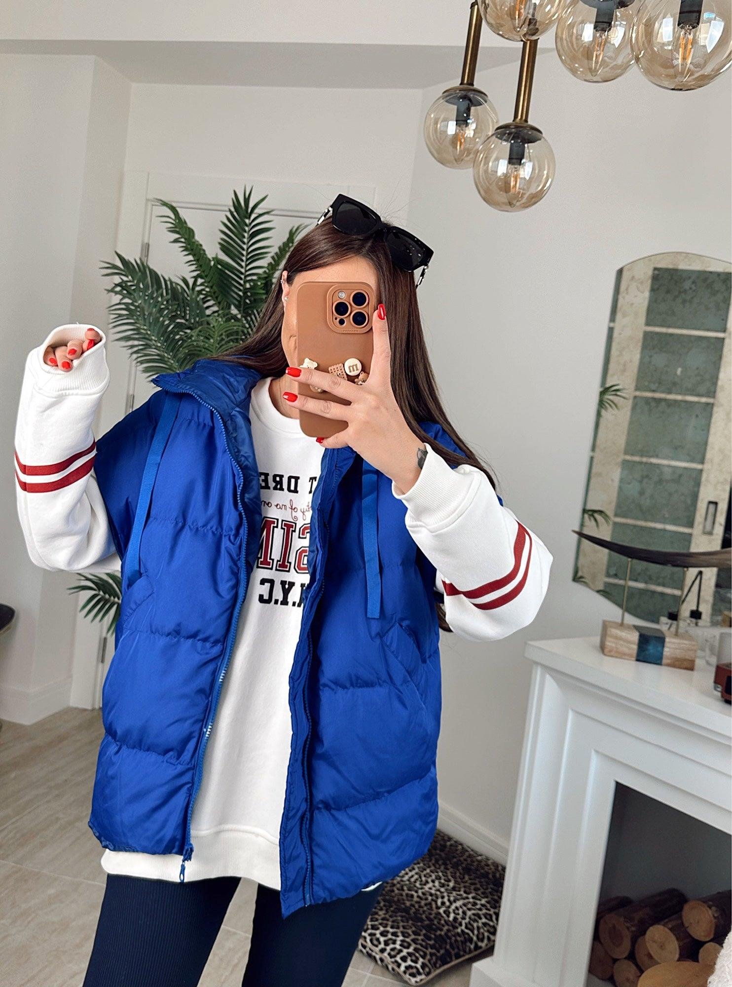 Kapişonlu Oversize Saks Mavi Şişme Yelek