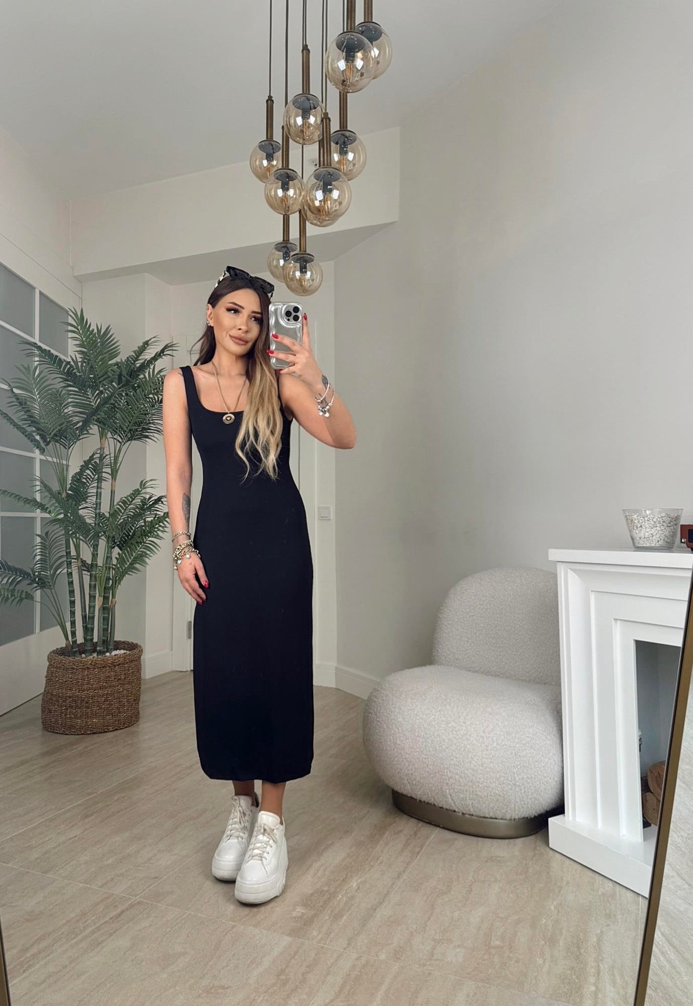 Kare Yaka Basic Midi Boy Elbise