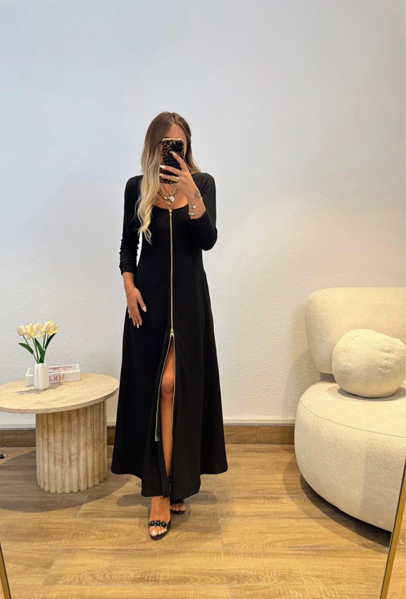 Kare Yaka Boydan Fermuarlı Midi Boy Elbise