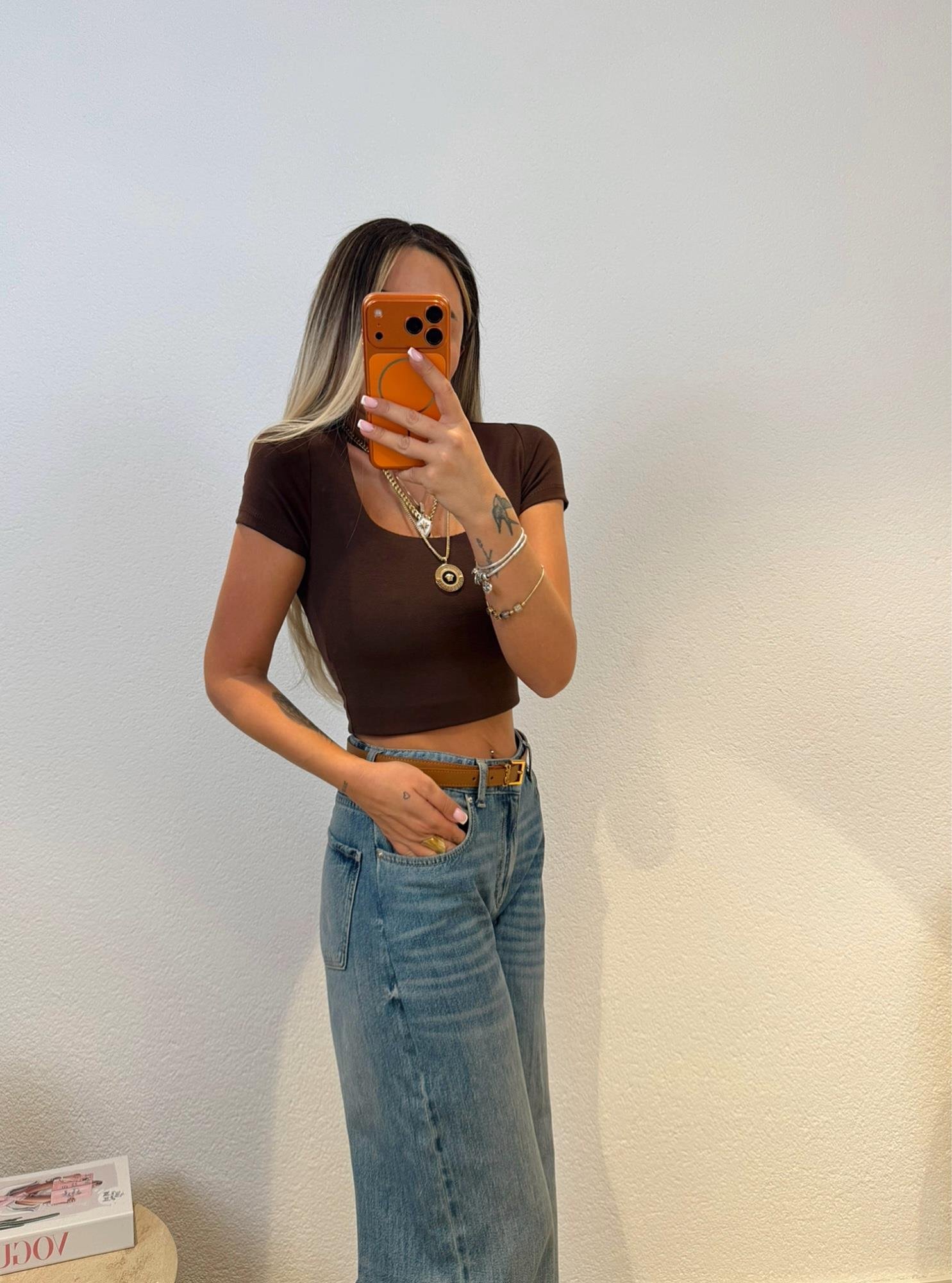 Kare Yaka Çift Kat Pamuklu Kısa Kollu Kahve Crop