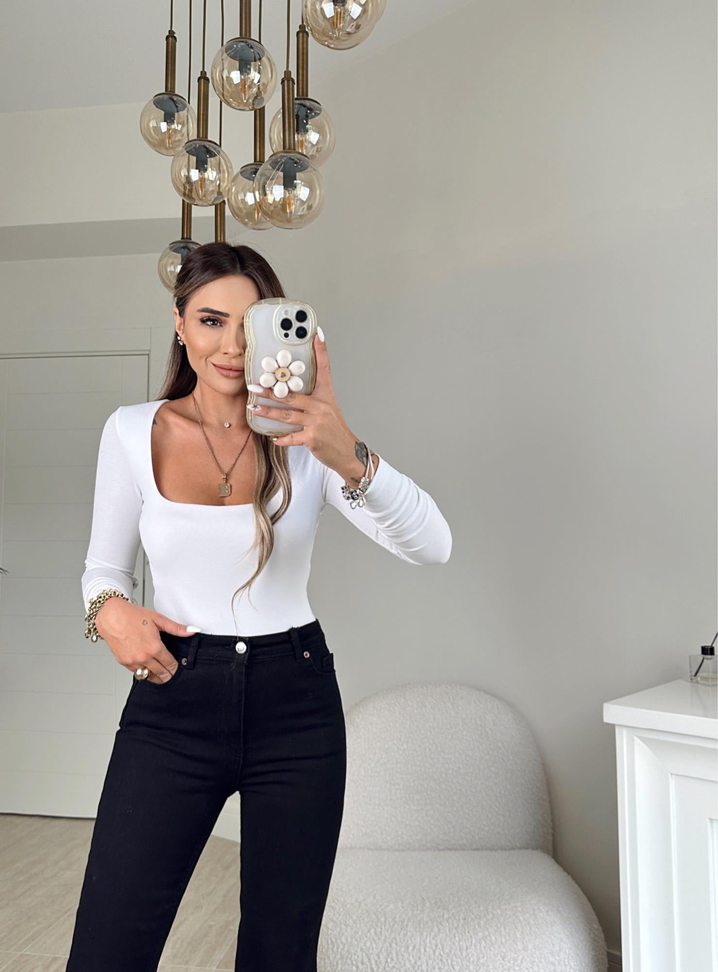 Kare Yaka Çift Kat Uzun Kollu Beyaz Crop