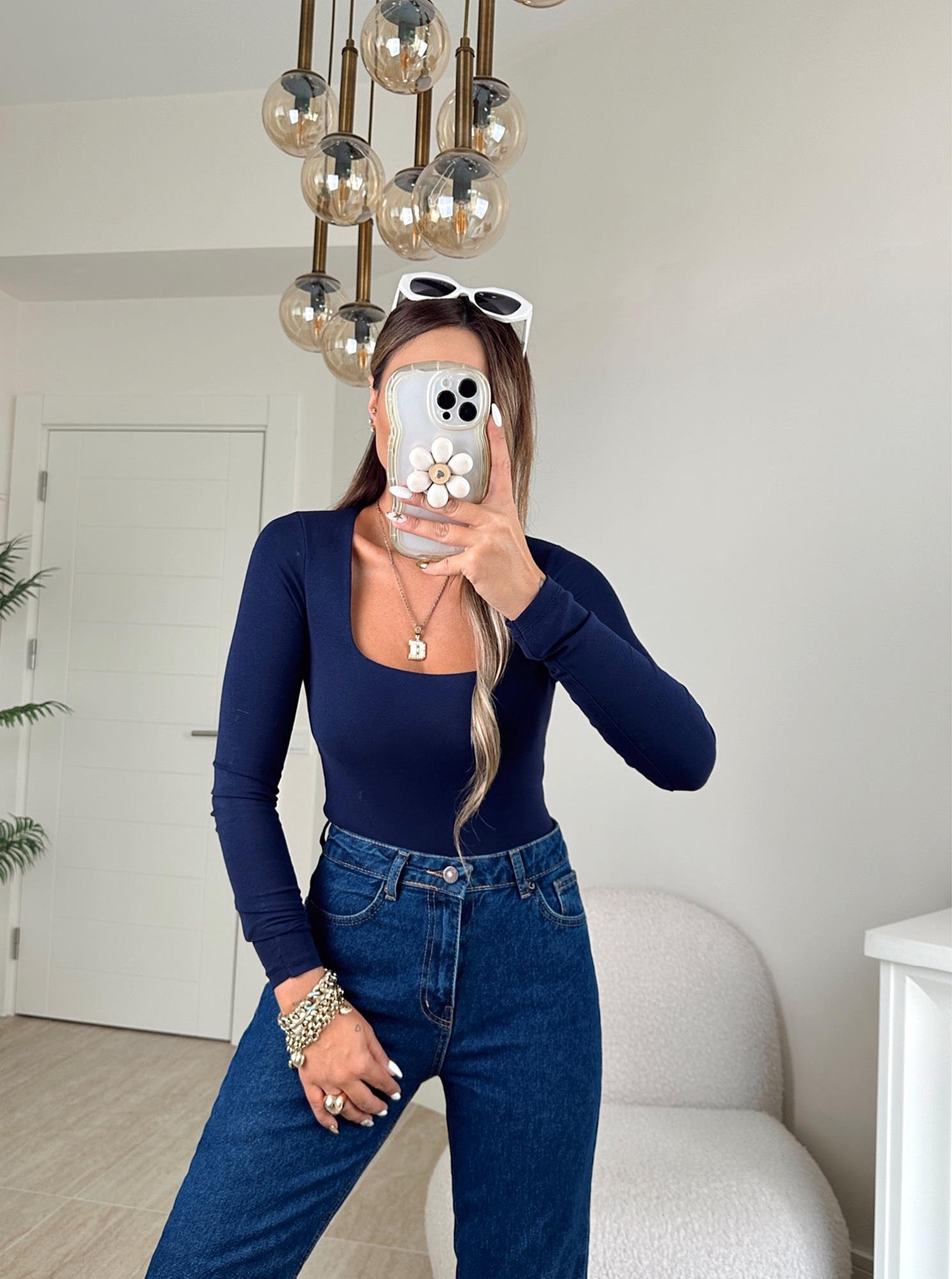 Kare Yaka Çift Kat Uzun Kollu Laci Crop