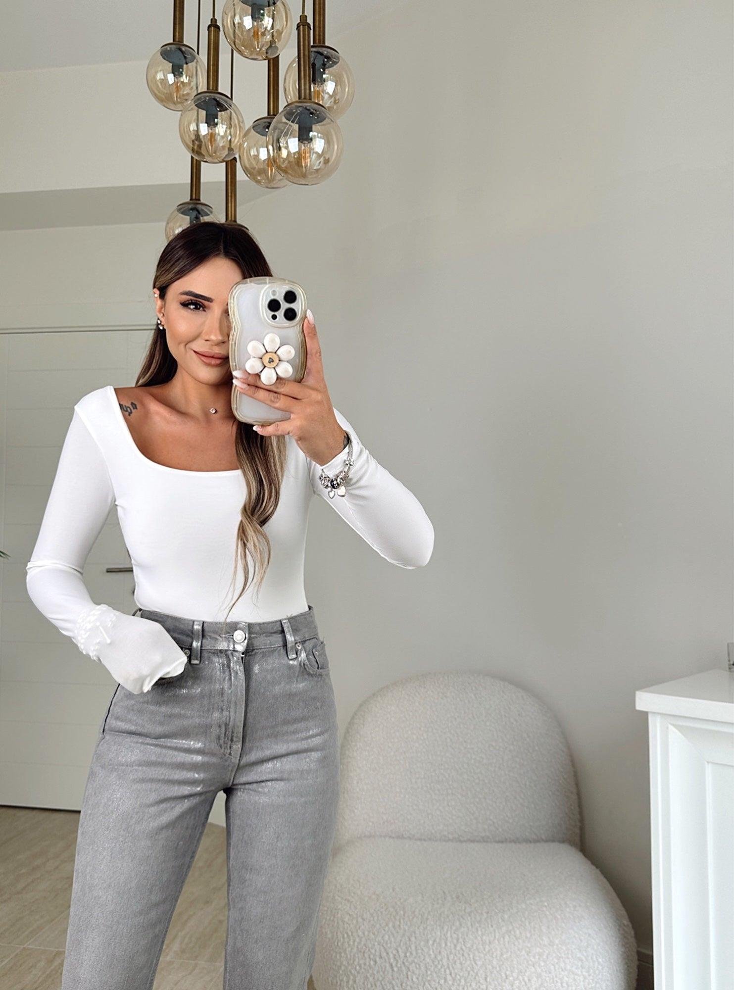 Kare Yaka Sandy Beyaz Bodysuit