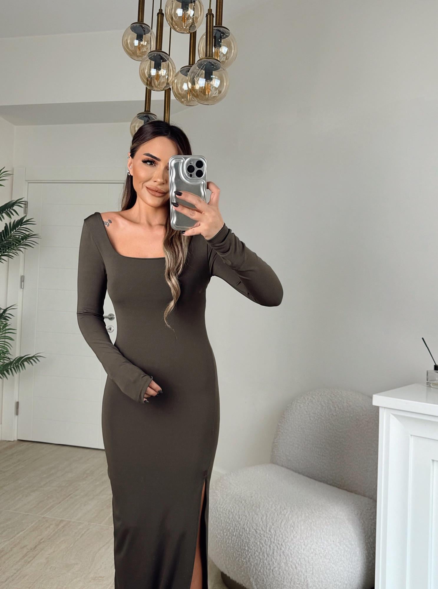 Kare Yaka Sandy Yırtmaçlı Haki Midi Elbise