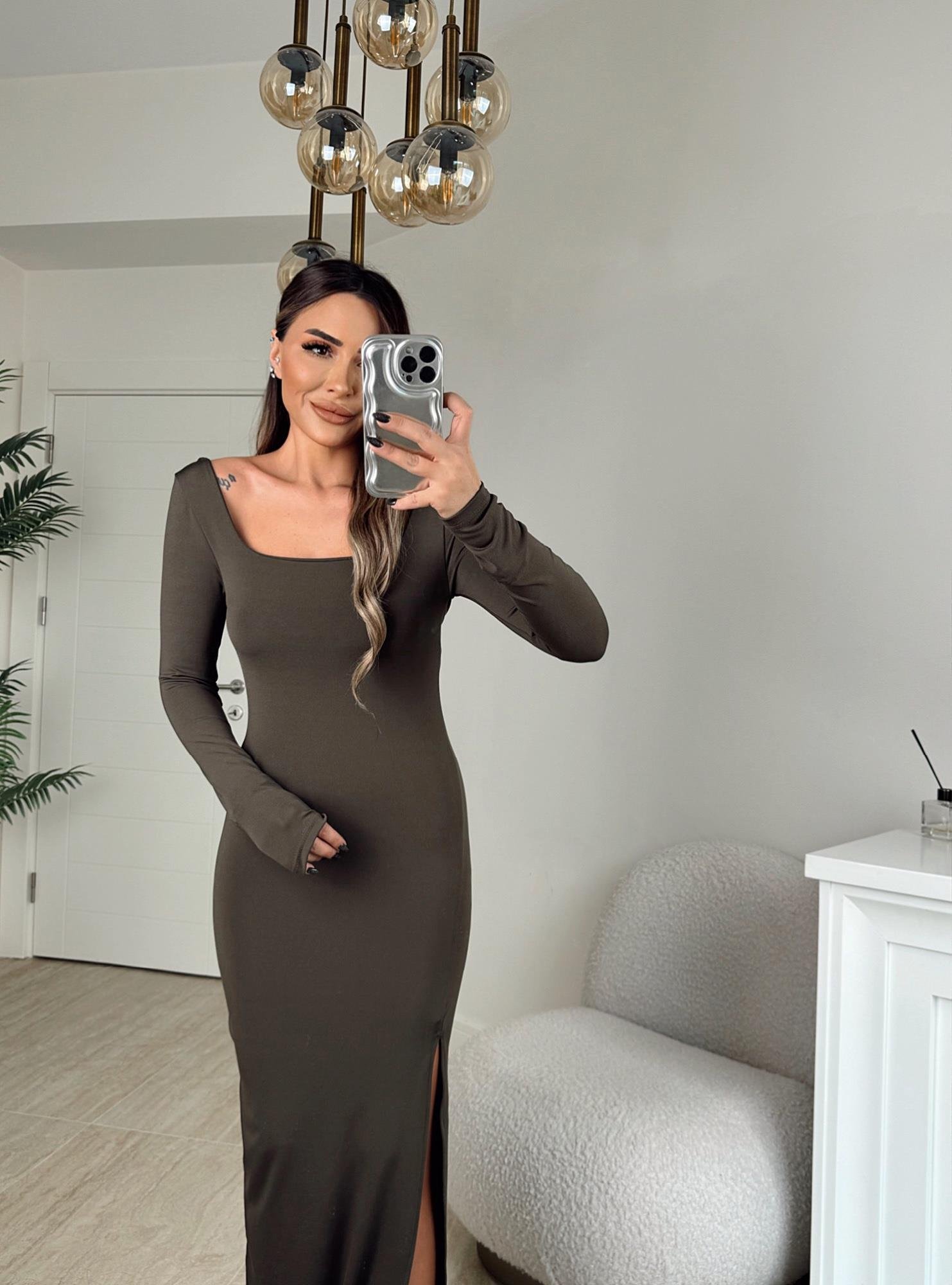 Kare Yaka Sandy Yırtmaçlı Haki Midi Elbise