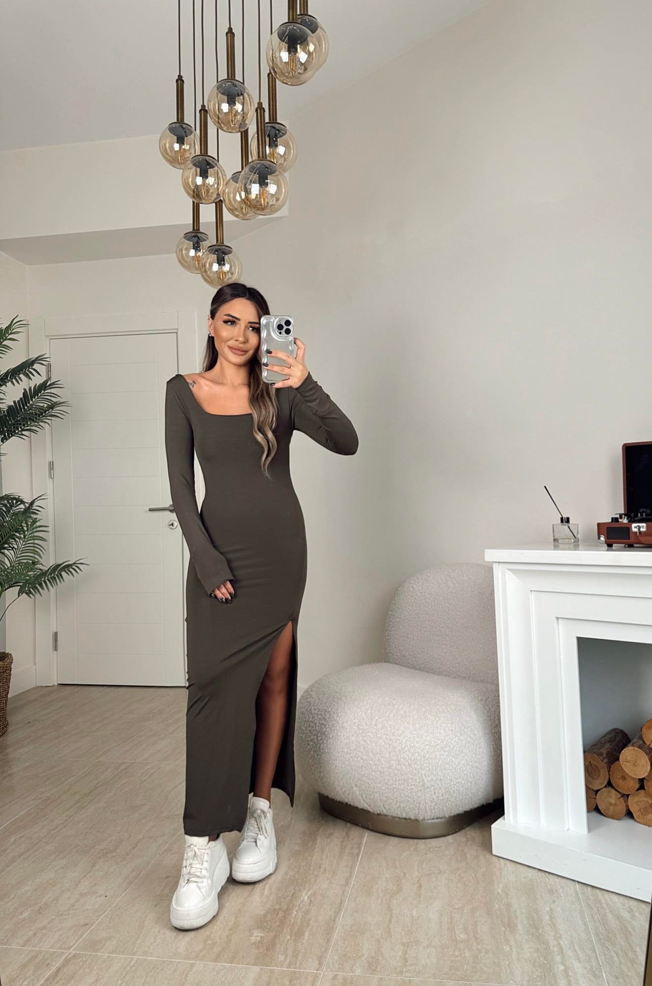 Kare Yaka Sandy Yırtmaçlı Haki Midi Elbise
