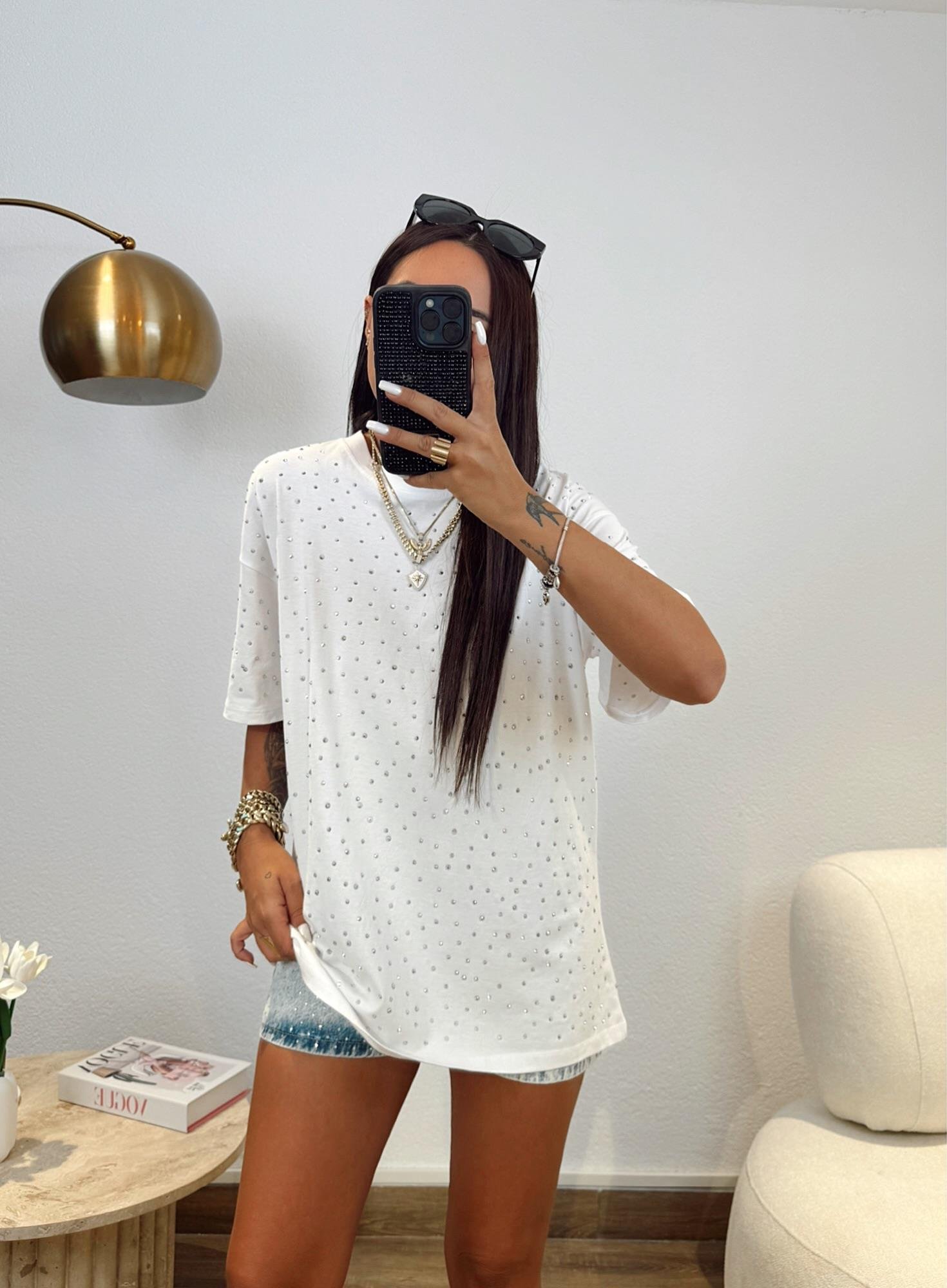 Karol Oversize Beyaz Taşlı Basic