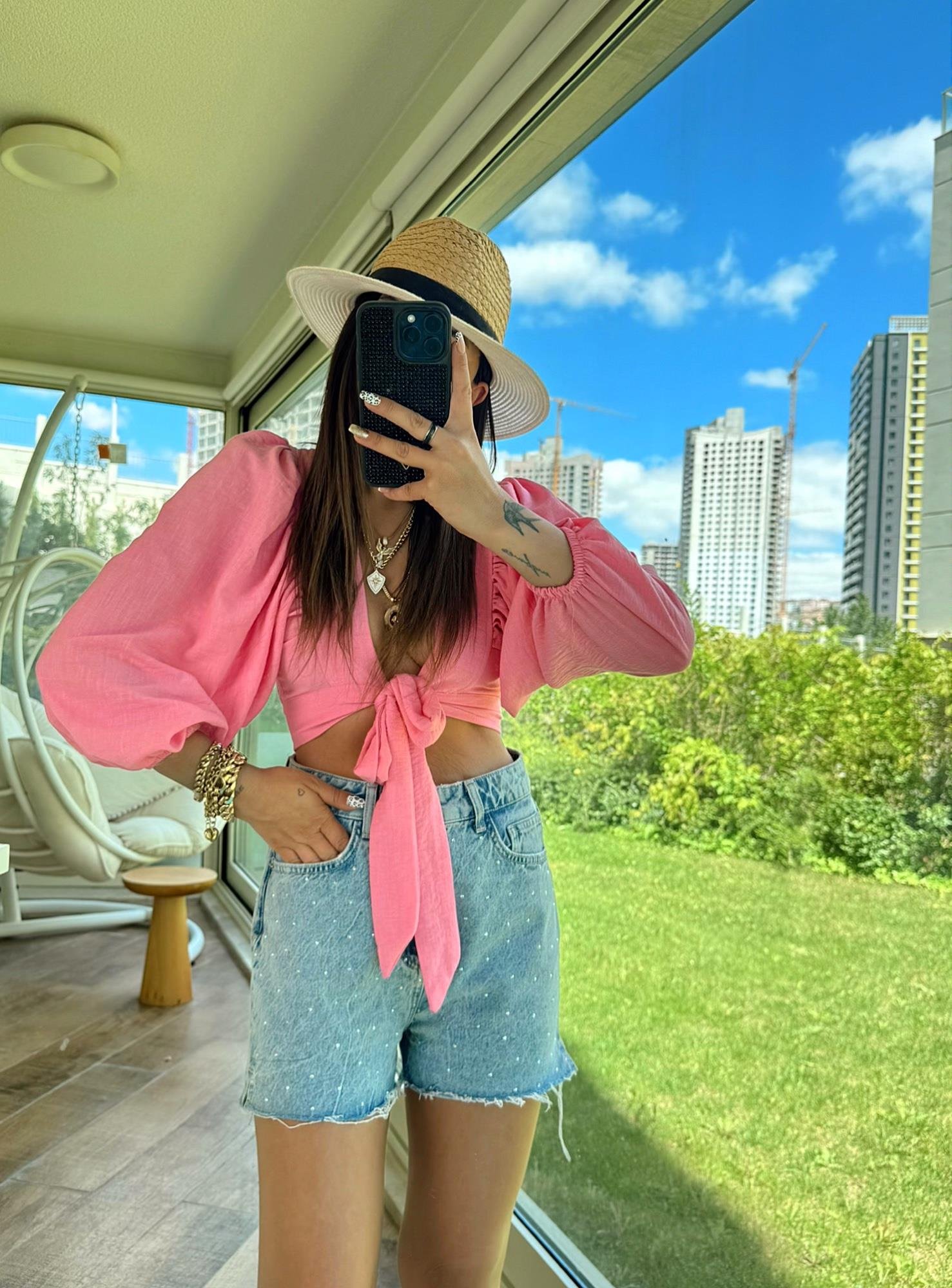 Karpuz Kol Bağlamalı Pembe Keten Crop