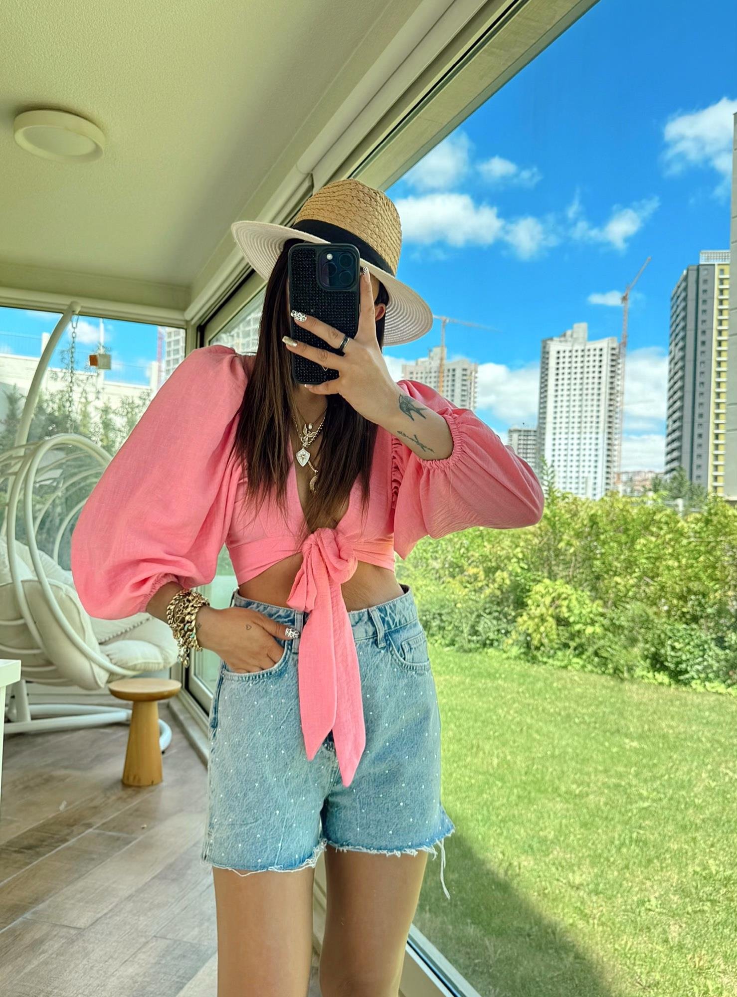 Karpuz Kol Bağlamalı Pembe Keten Crop