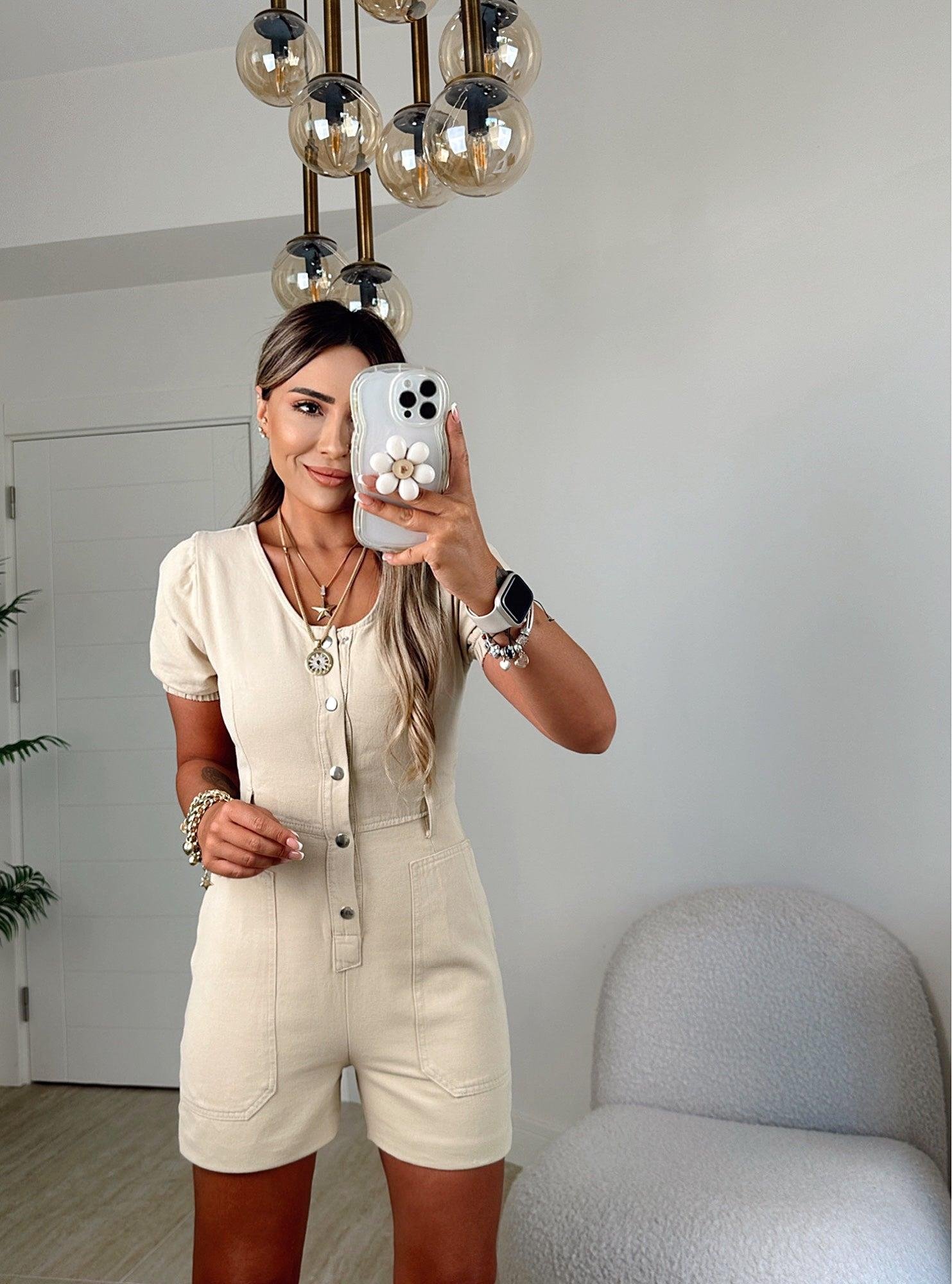 Karpuz Kol Taş Rengi Gabardin Şort Tulum
