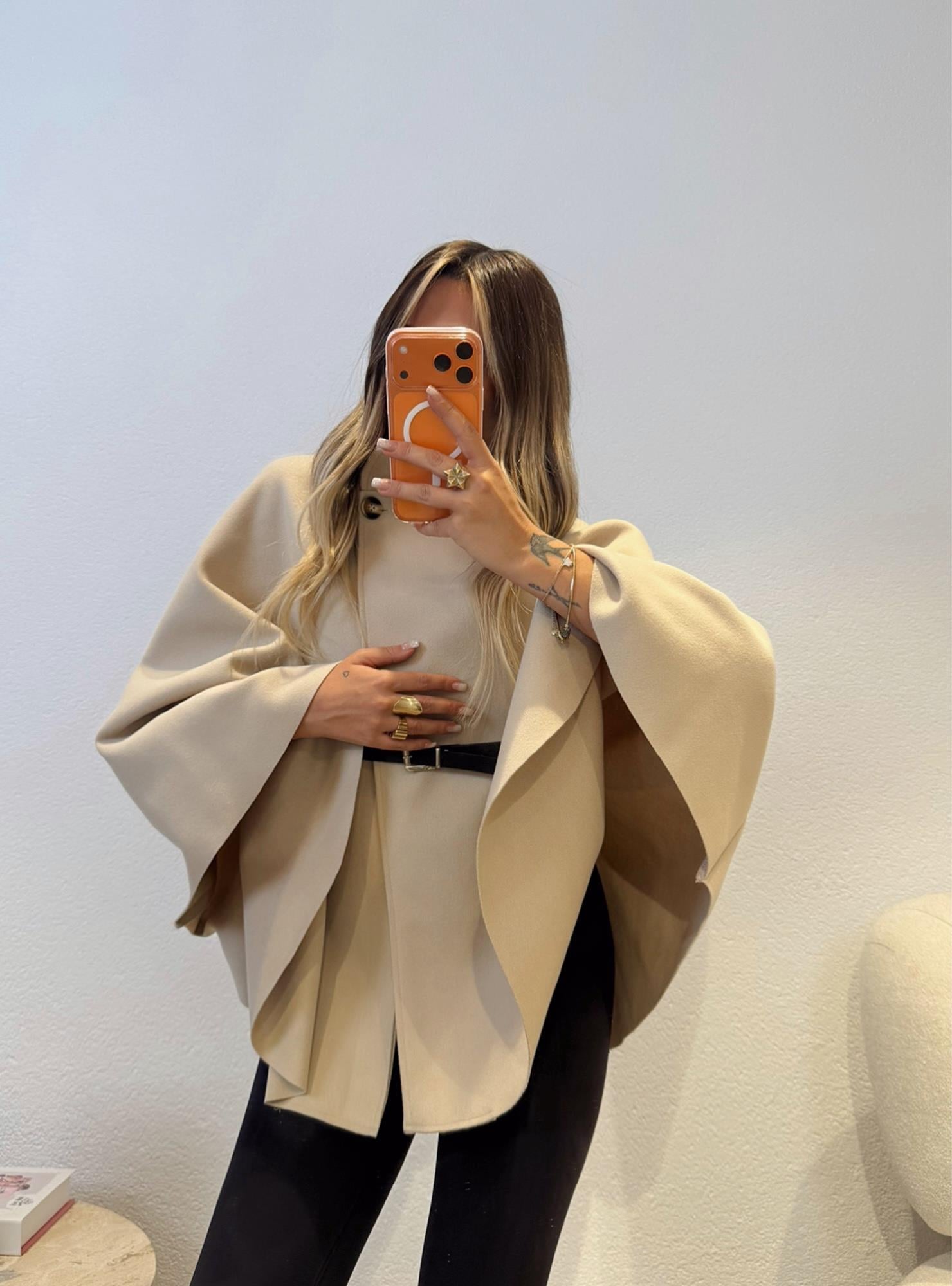 Kaşe Deri Kemerli Bej Panço