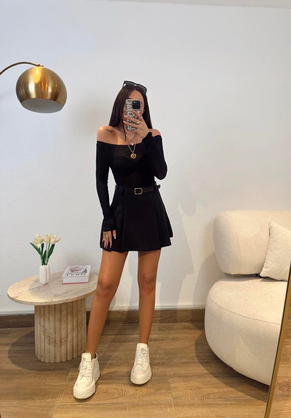 Kemerli Pileli Şort Etek