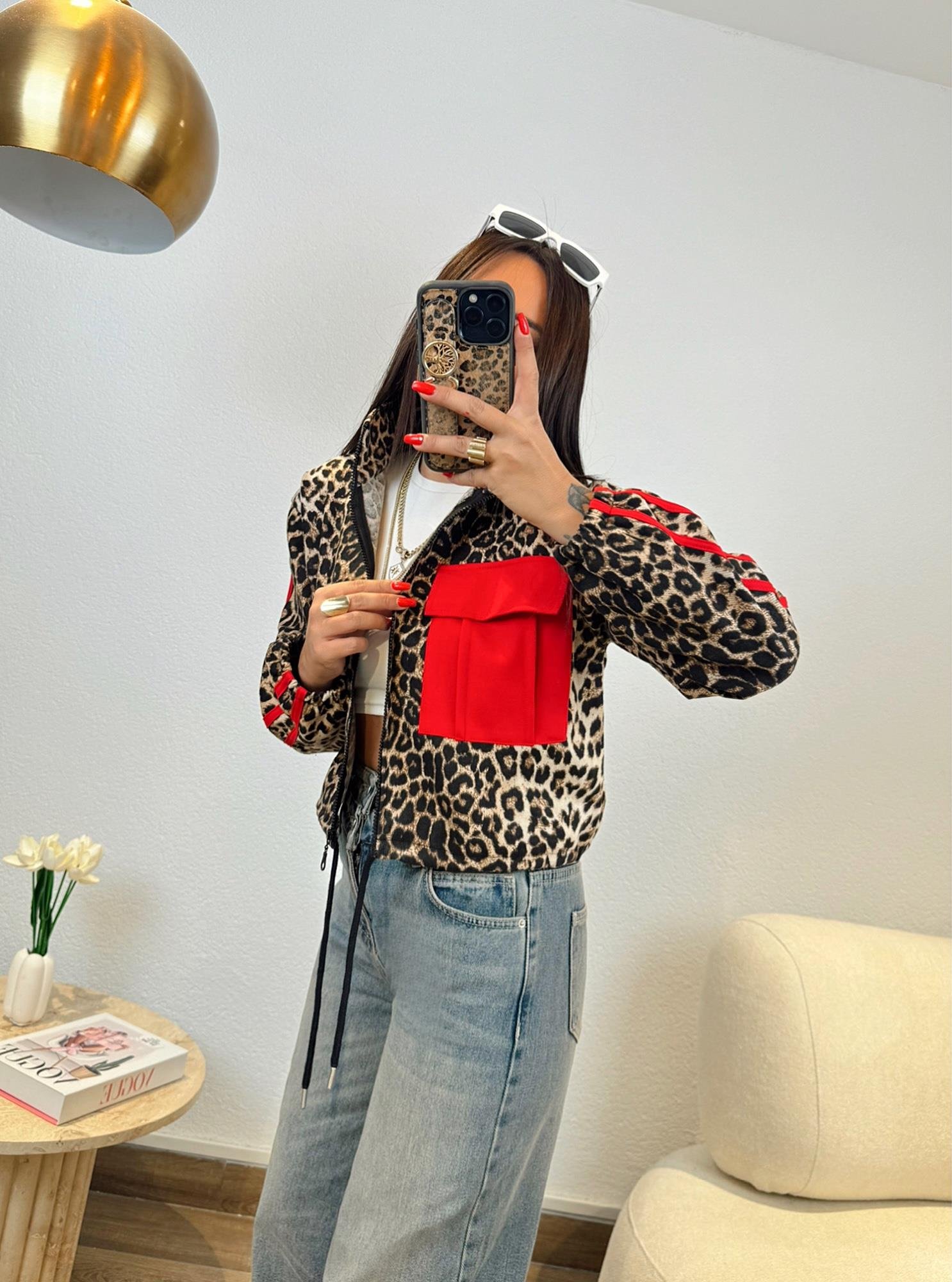Kırmızı Cep Detay Leopar Desen Gabardin Ceket